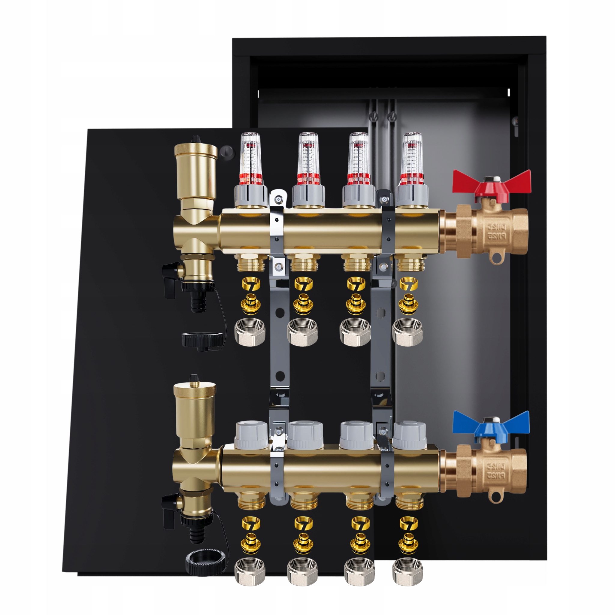 Mosazný rozdělovač podlahy 4 okruhy skříňka jednoduchý ventil Pex