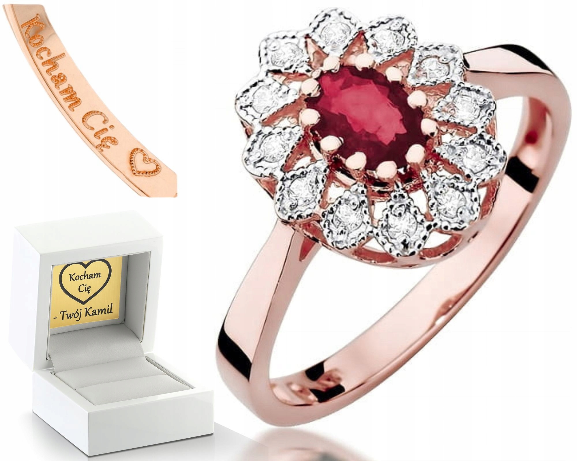Zlatý Prstýnek Rubín Brilianty Gravírování 585 Růžové Zlato Bonus Dárek