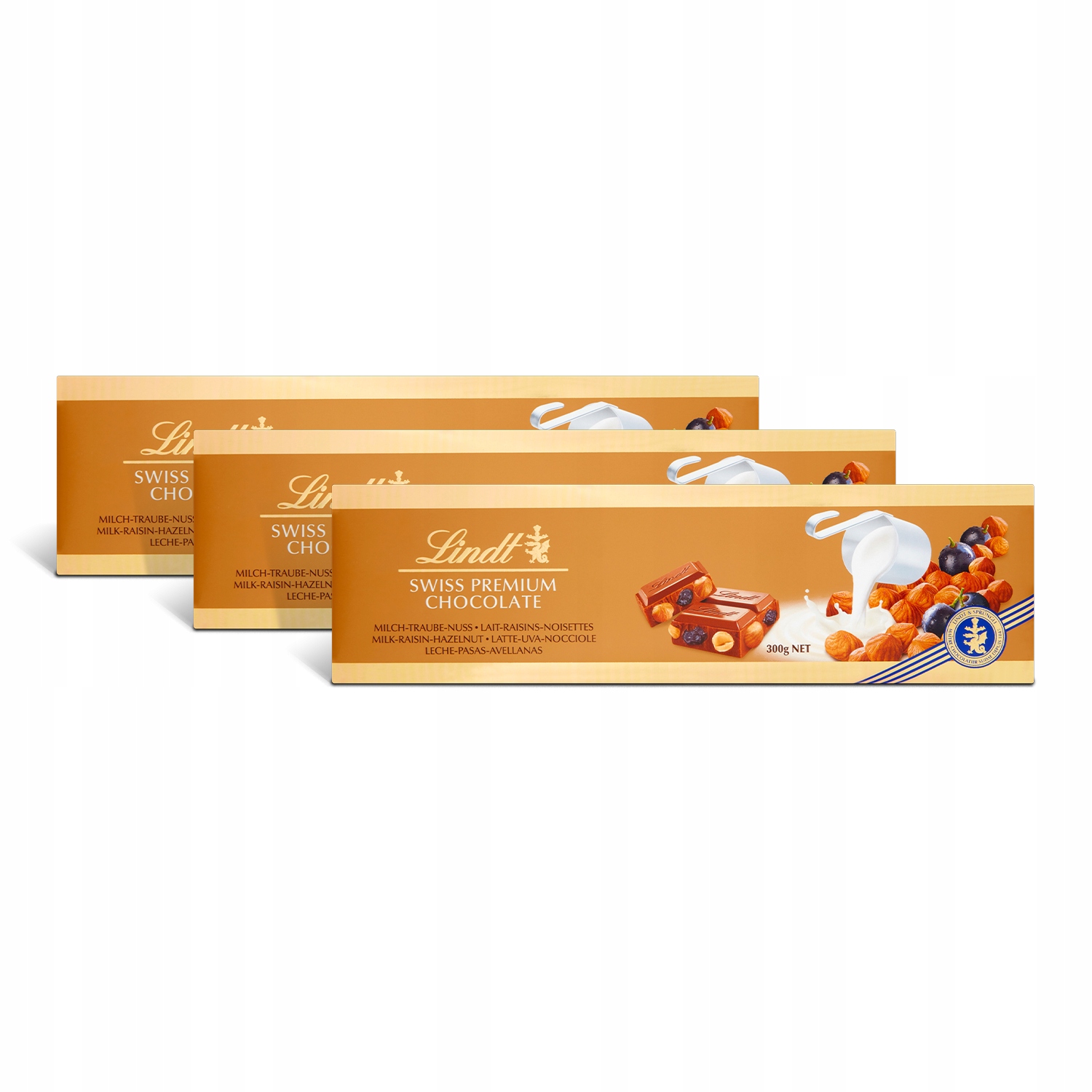 Lindt Swiss czekolada mleczna z rodzynkami orzechami migdałami 300g x3