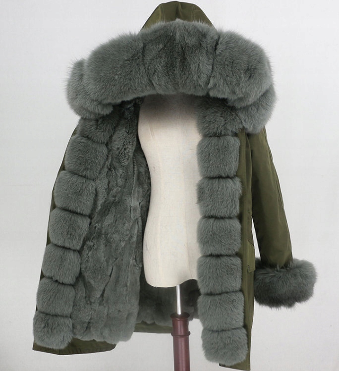 Kurtka Parka Futro naturalne Królik Lis Jenot 38 M Kaptur z kapturem