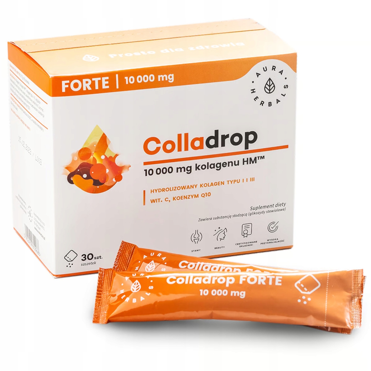 Kolagen Morski Rybi 10000 mg Saszetki Wysoka Dawka Aura Colladrop Forte 30x