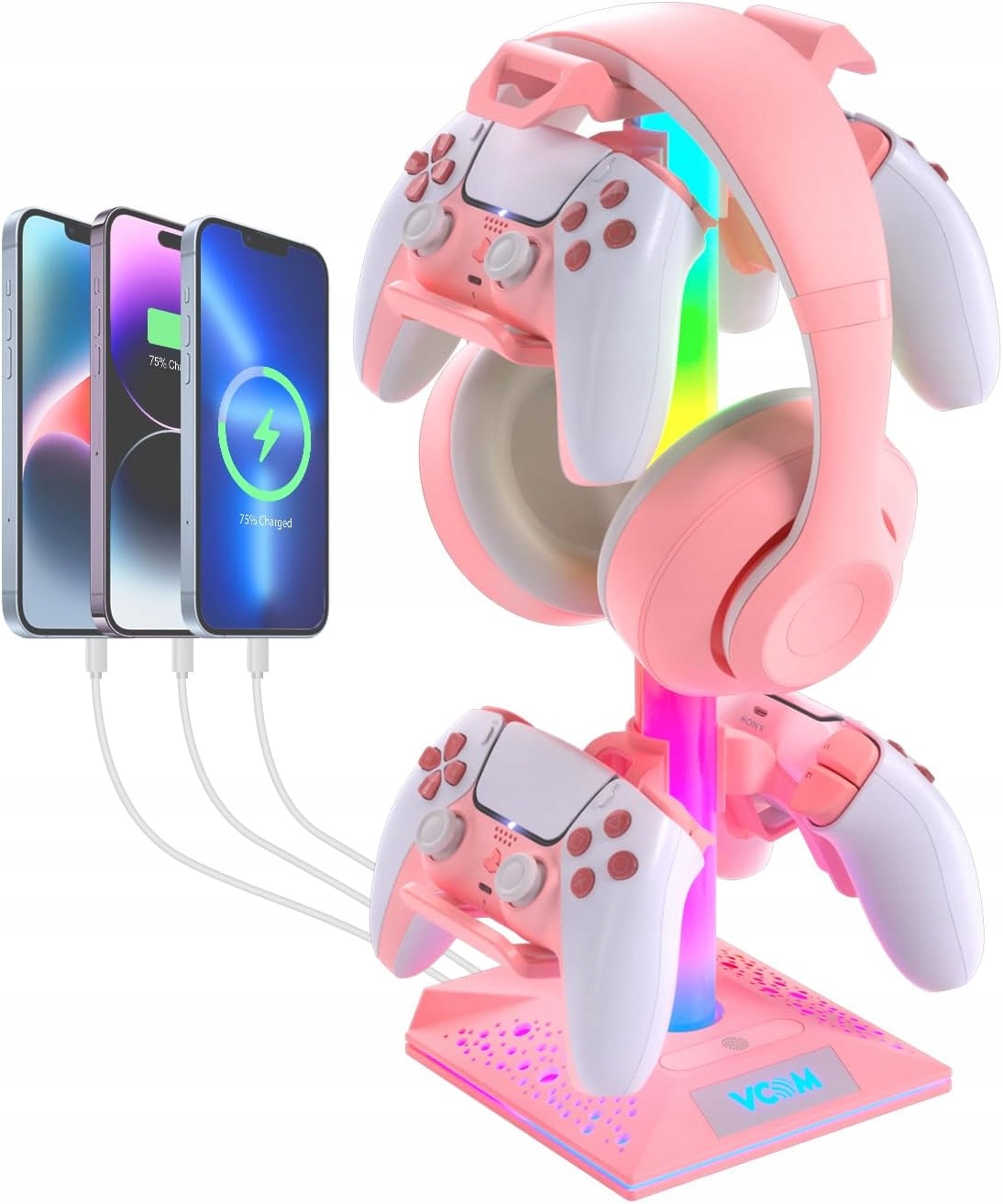 Stojan Na Sluchátka A Pady Pro Hráče 10 Barev Rgb Růžový 3 Porty Usb