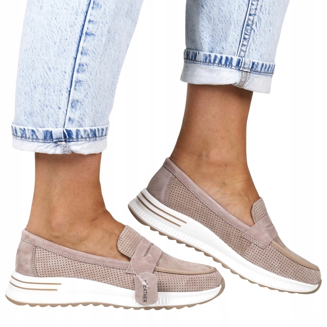 Polobotky Ažurové Kožené Mokasíny Nazouvací Pohodlné Fango Béžové