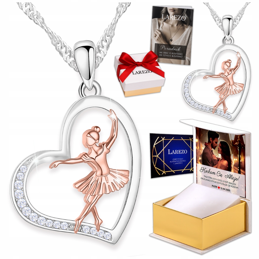 Naszyjnik Srebrny 925 Kobieta Baletnica Tancerka Serce z Cyrkoniami Nadruk