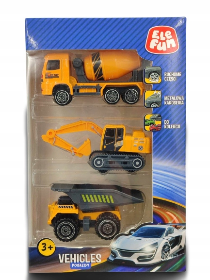 Elefun Pojazdy BUDOWLANE Auta Koparka 3szt