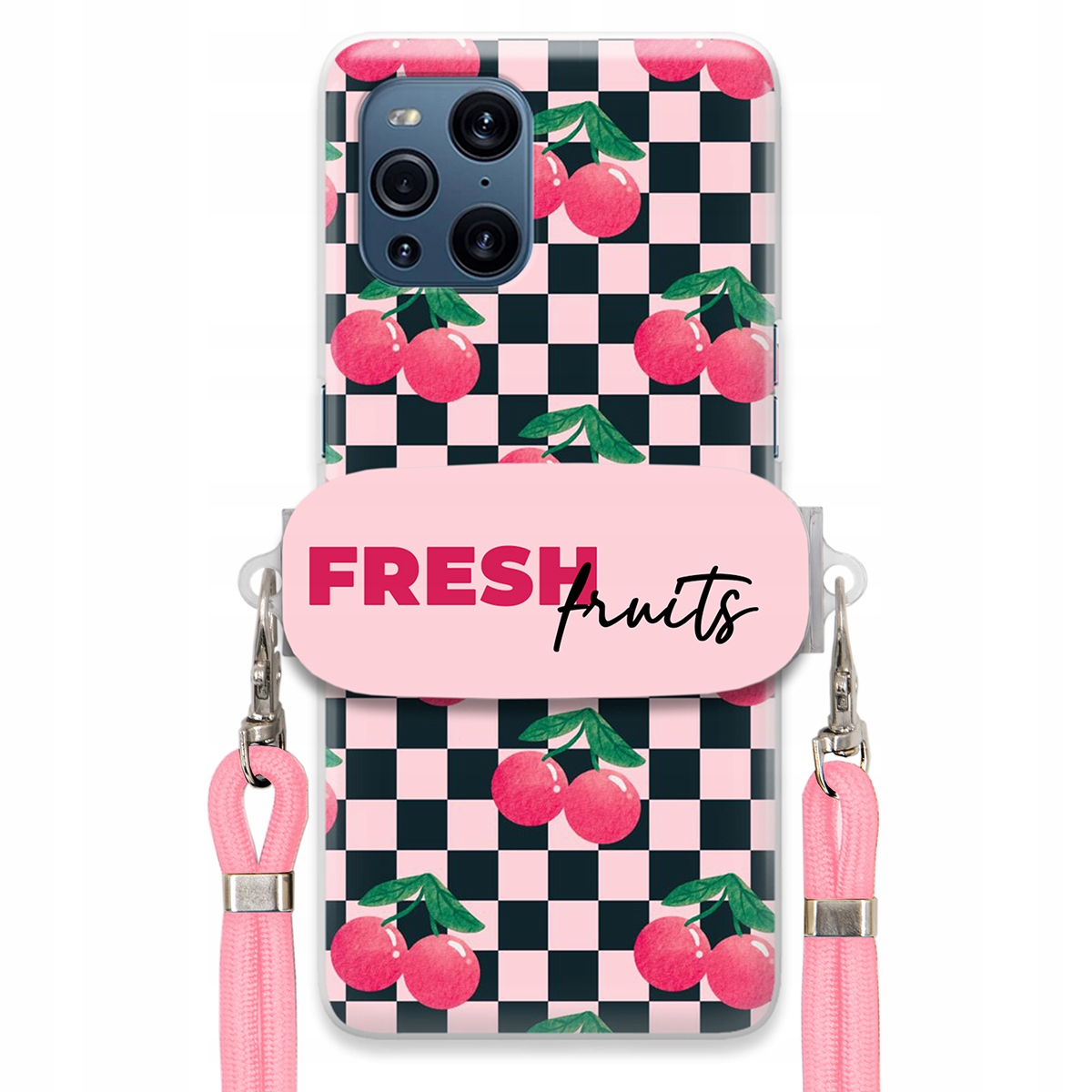 Puzdro pre Oppo Find X3 Vodítko Pink Crossbody držiak šachovnice Fresh Fruits