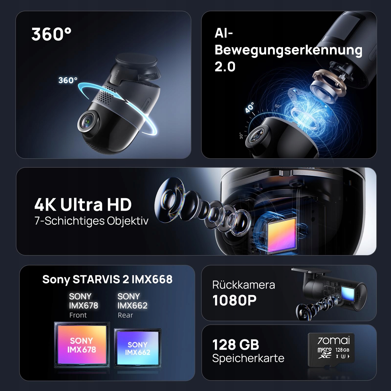 70MAI Kamera Samochodowa 4K 360 Stopni Przód Tył GPS WiFi AI Nocna Wizja — miniatura 9
