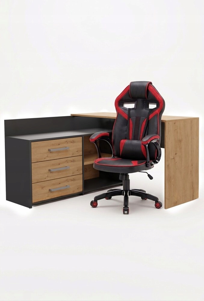 Sada rohový písací stôl Antracit Dub Artisan kreslo Drift Červená