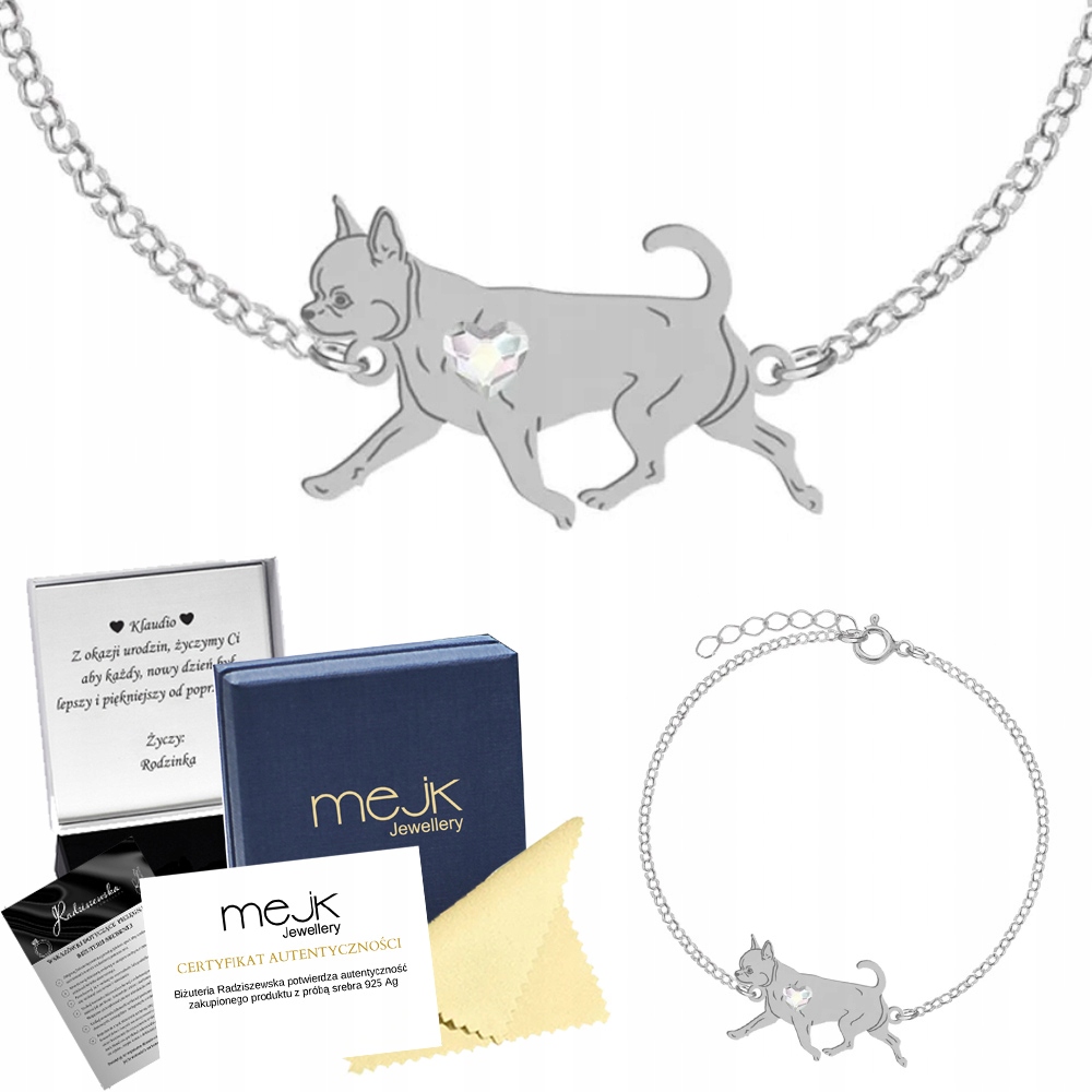 Stříbrný náramek Chihuahua Krátkosrstá 925 Dedikace Gravírování Bonus