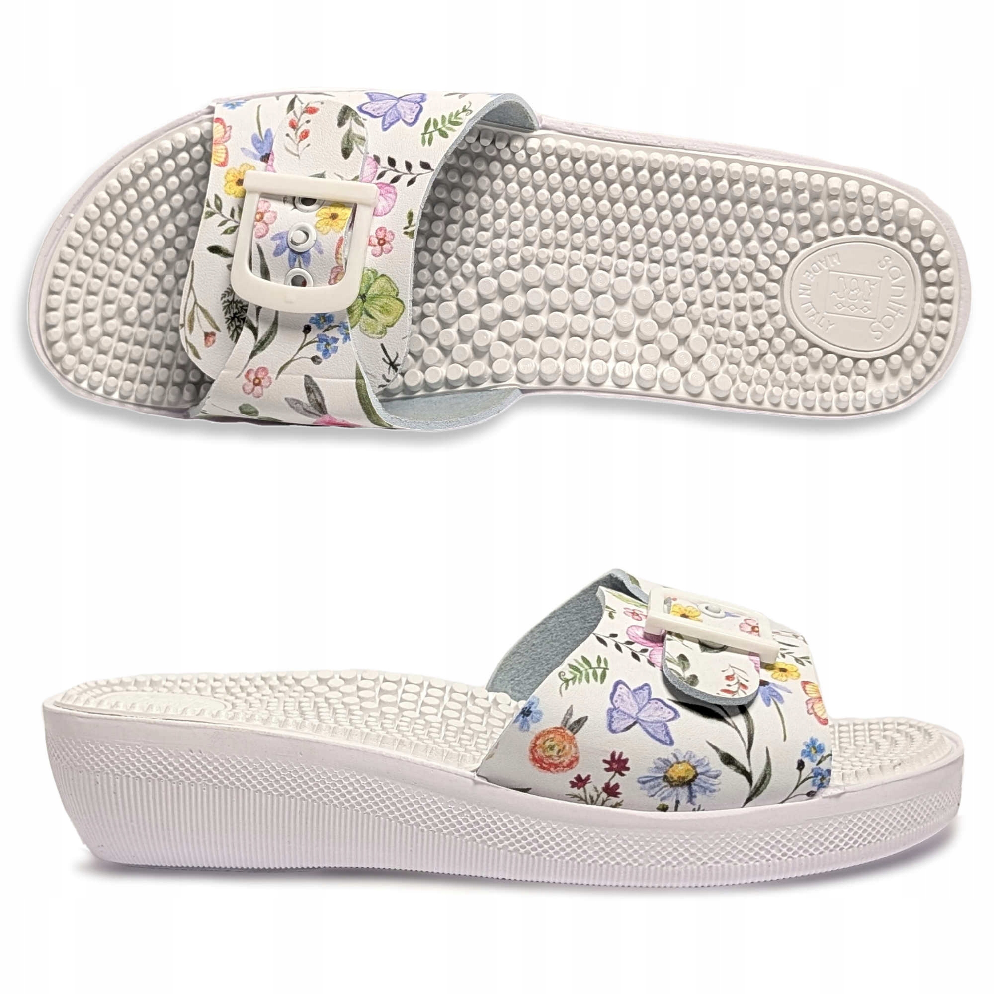 Włoskie medyczne klapki na 1 klamerkę fakirki kolce białe kwiaty Sanitas 40