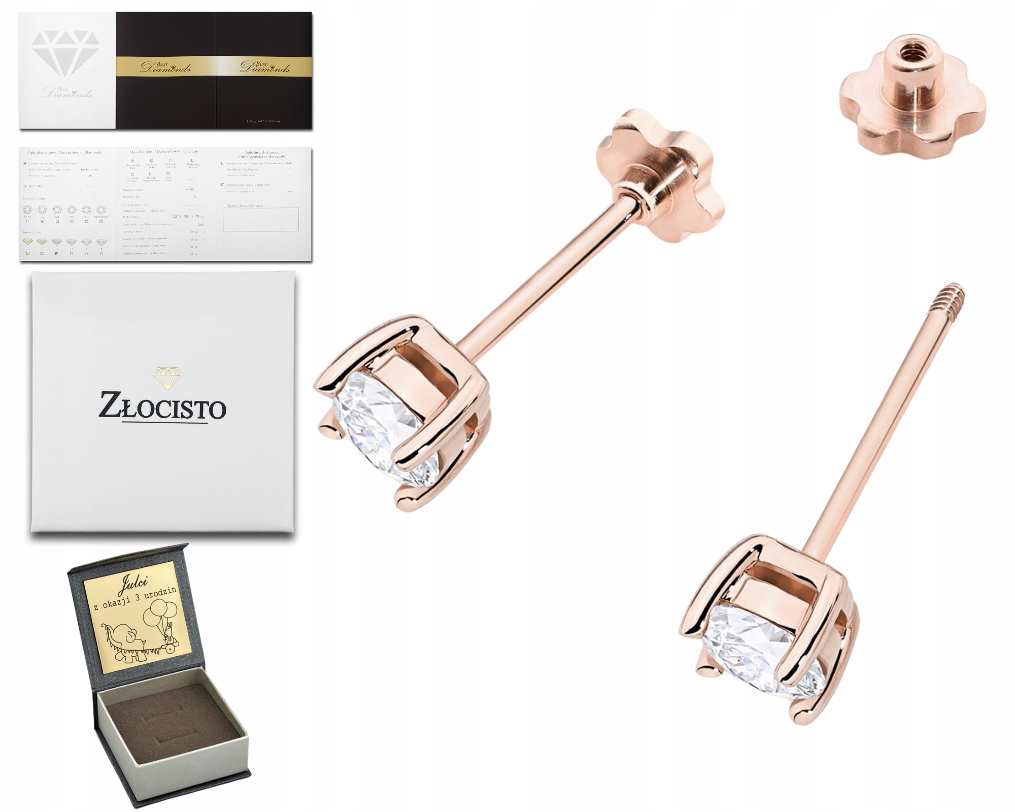 Růžové Zlato Náušnice Diamanty Lab Šroubovací Tyčinka Zlato 585