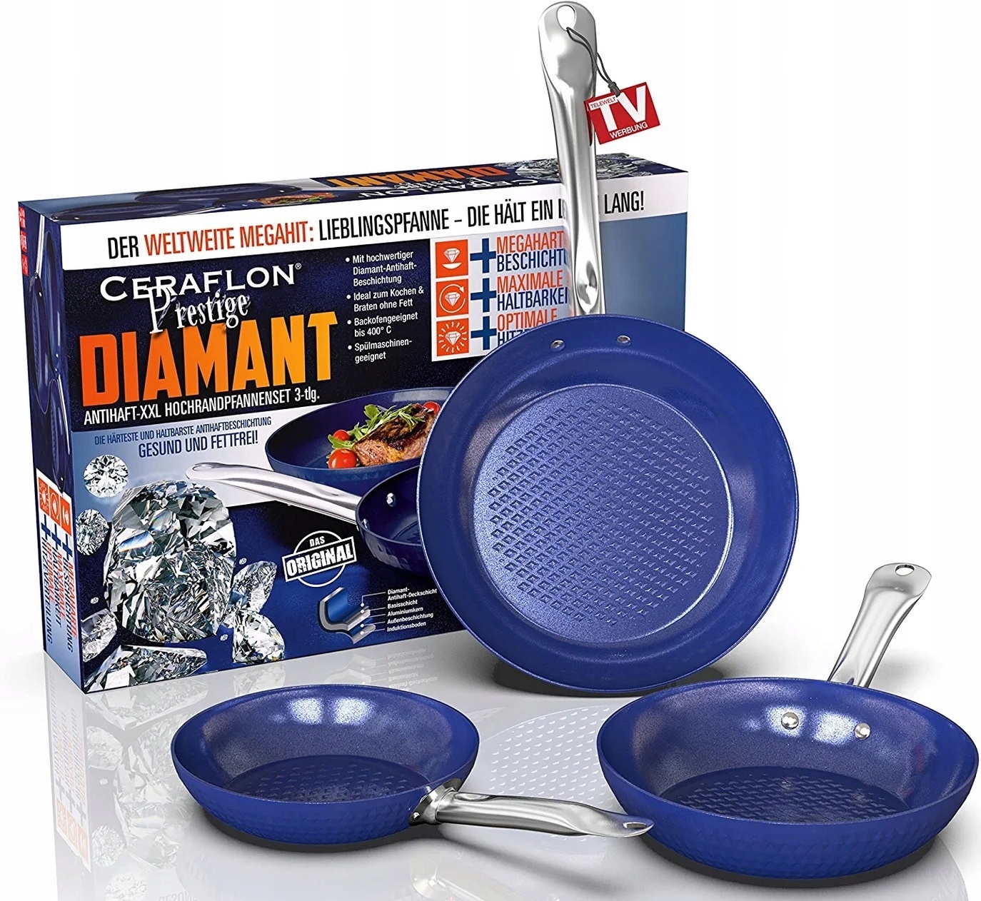 ZESTAW 3 PATELNII NIEPRZYWERAJĄCYCH GRANATOWE PRESTIGE DIAMANT Marka Ceraflon