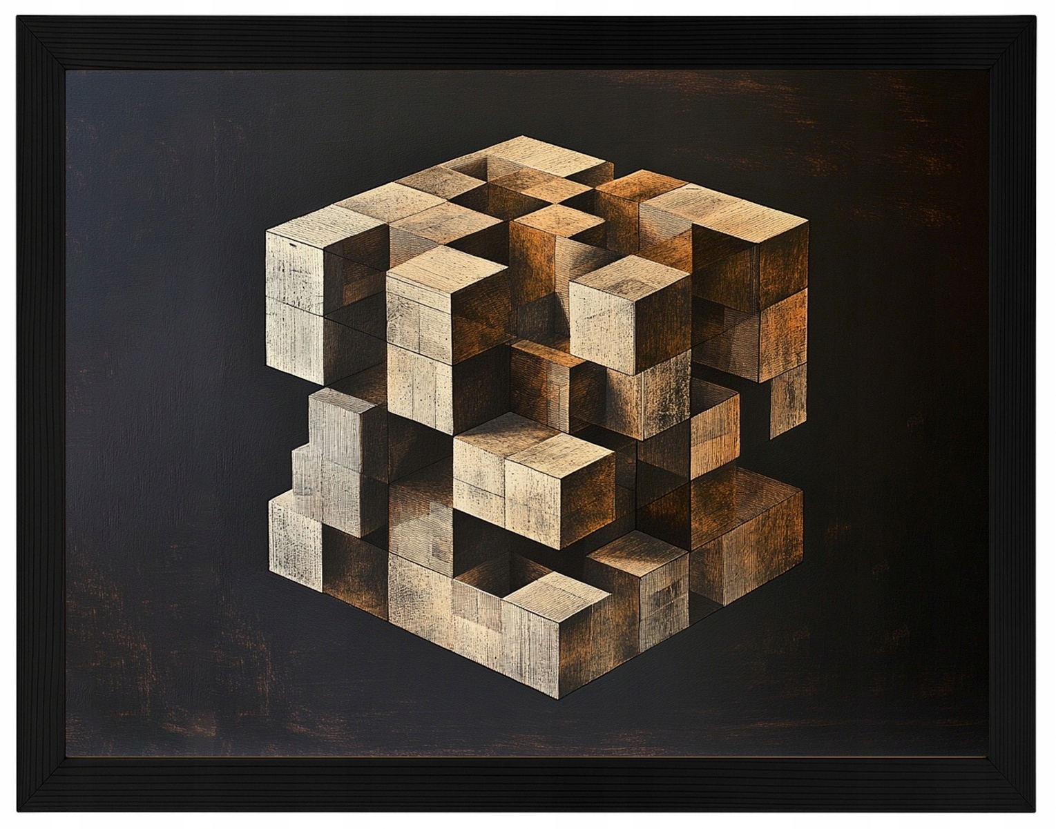 Plakát Rámeček Dřevo Abstrakce Kostka Krychle Puzzle Iluze 3D 80x60