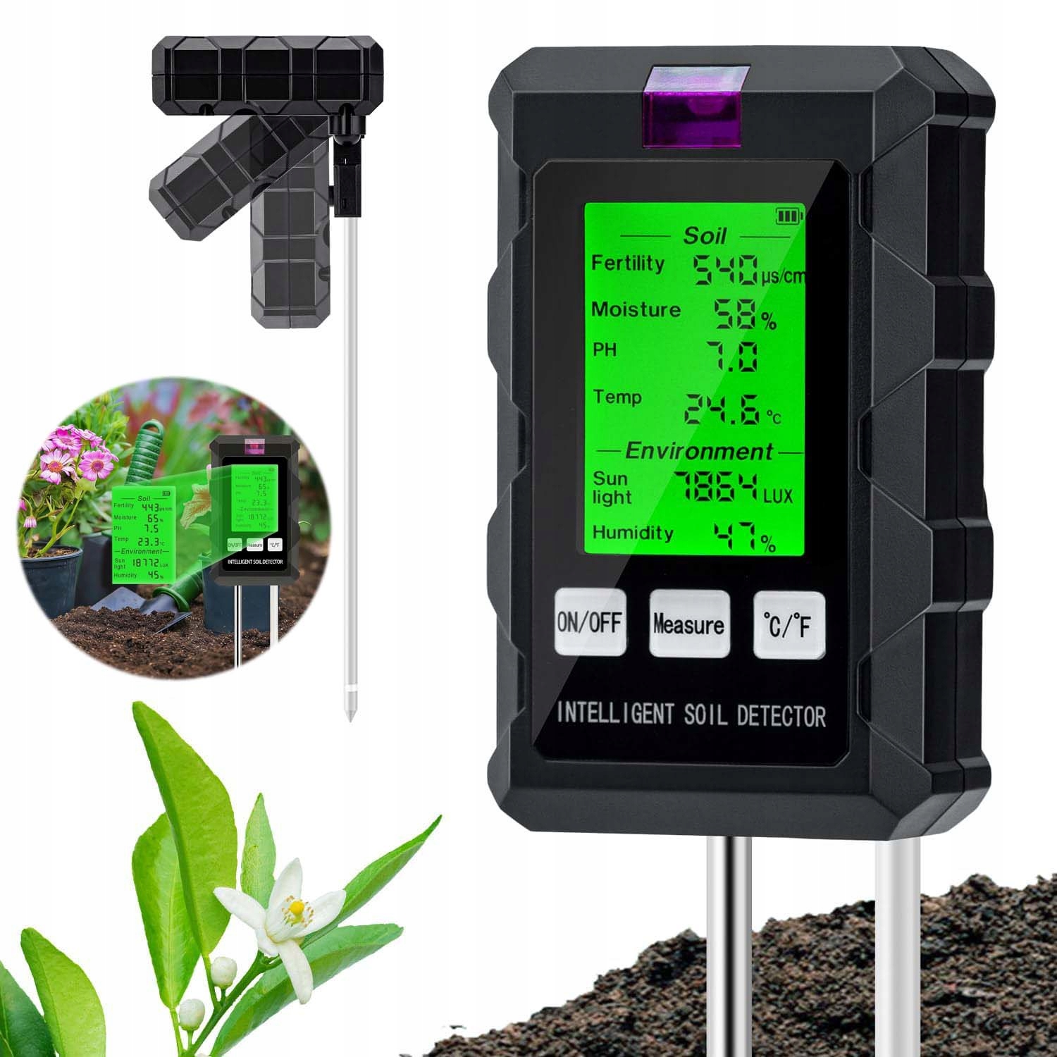 Kyseloměr Půdy Tester 6V1 S LCD Displejem, Úrodnost, Vlhkost Itp.ph
