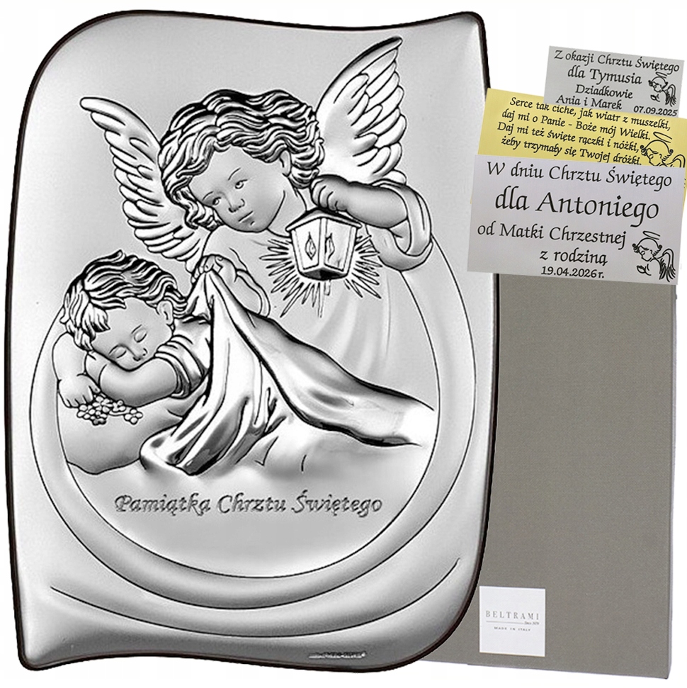 Srebrny Obrazek Chrzest Anioł Stróż 13x9,5 cm Grawer