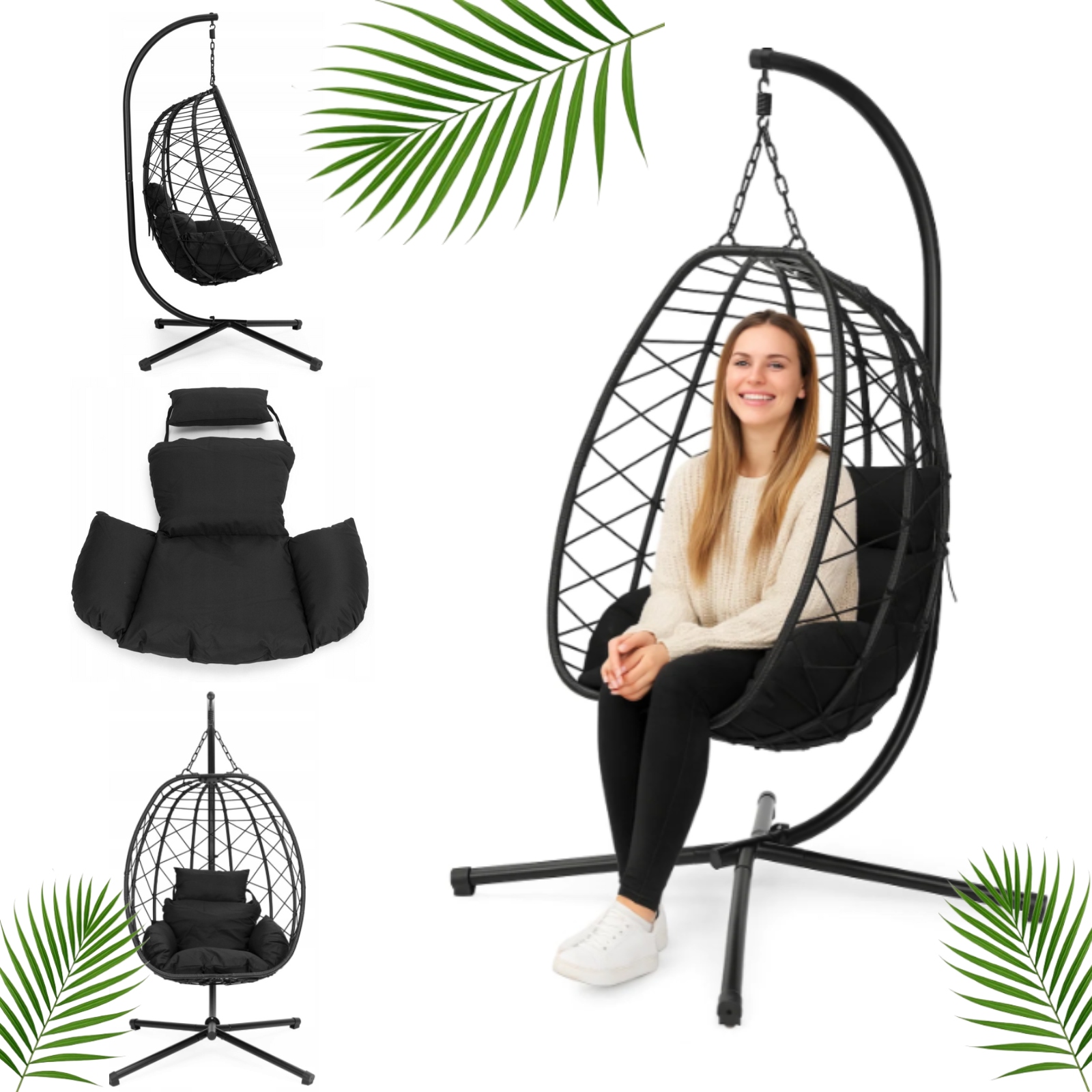 Wolnostojący Fotel Wiszący Kokon Ogrodowy Bujany Z Poduszkami 120 Kg Czarny