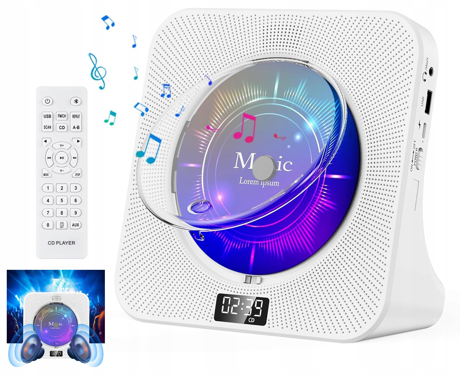 Přenosný CD Přehrávač A Bluetooth Reproduktor Dárek S Časovačem Bílý