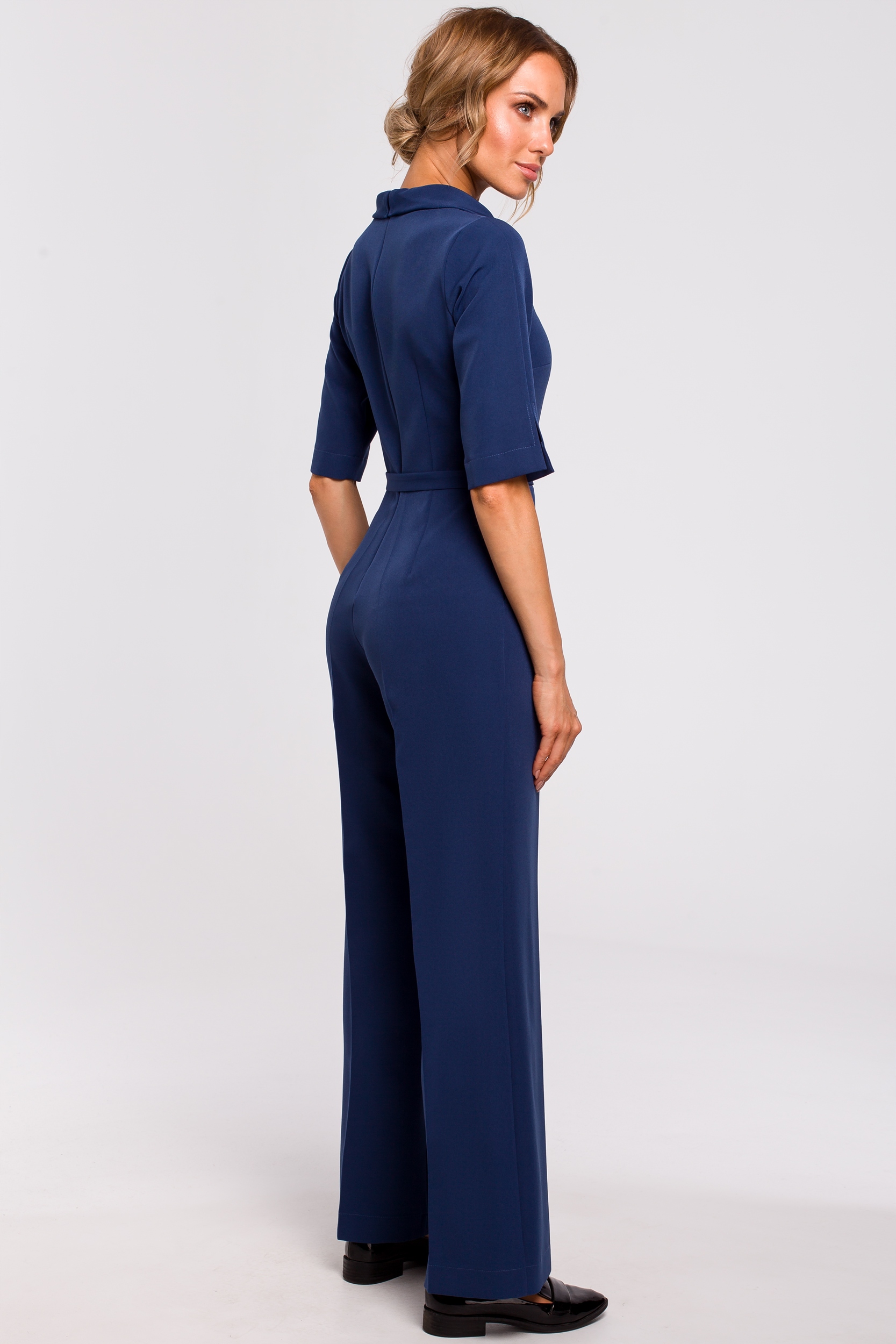 KOBIECY ELEGANCKI DAMSKI KOMBINEZON SZEROKIE DŁUGIE NOGAWKI GRANATOWY 36 S Kolor niebieski