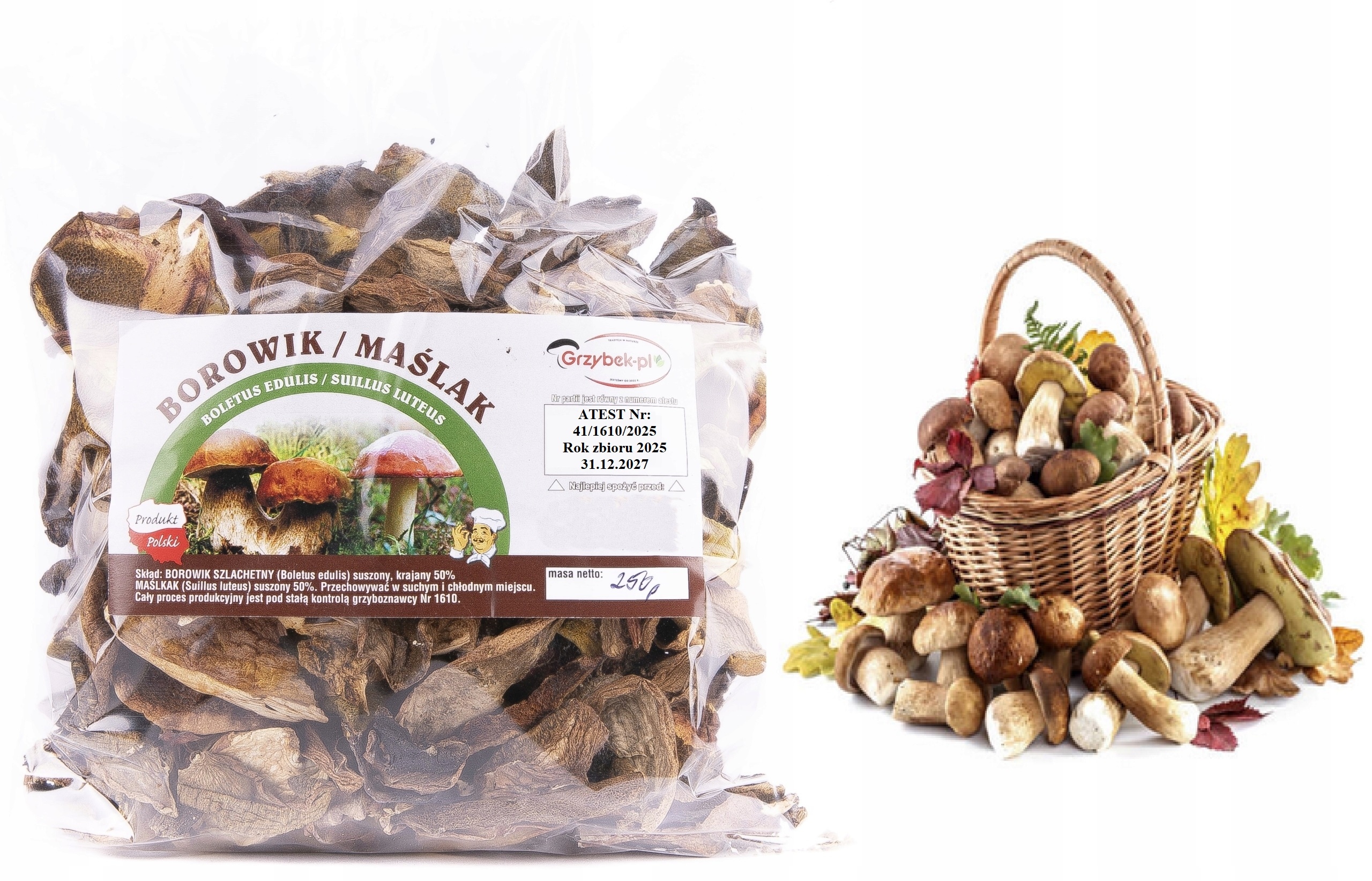 Levně Borowik+maślak Krájený 250g Nová Sbírka 2025 Polský Atest sušené houby