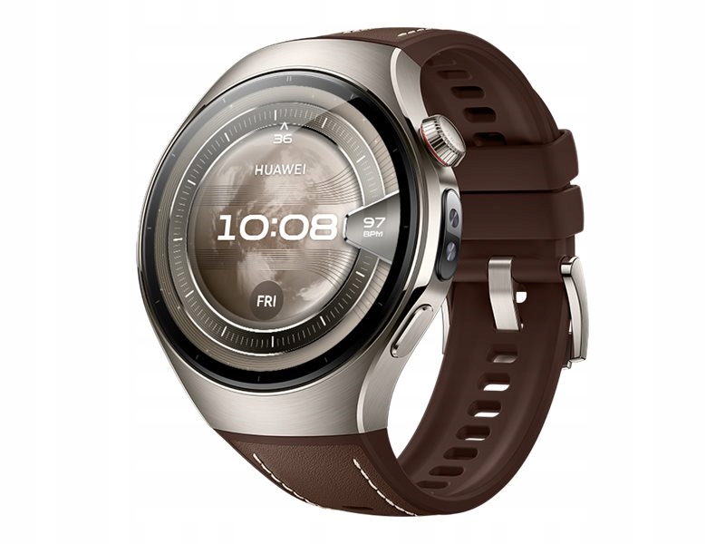 Huawei Watch 5 (46 mm), hnědý klasický řemínek z fluorelastomeru, kovové tělo, měření tepu