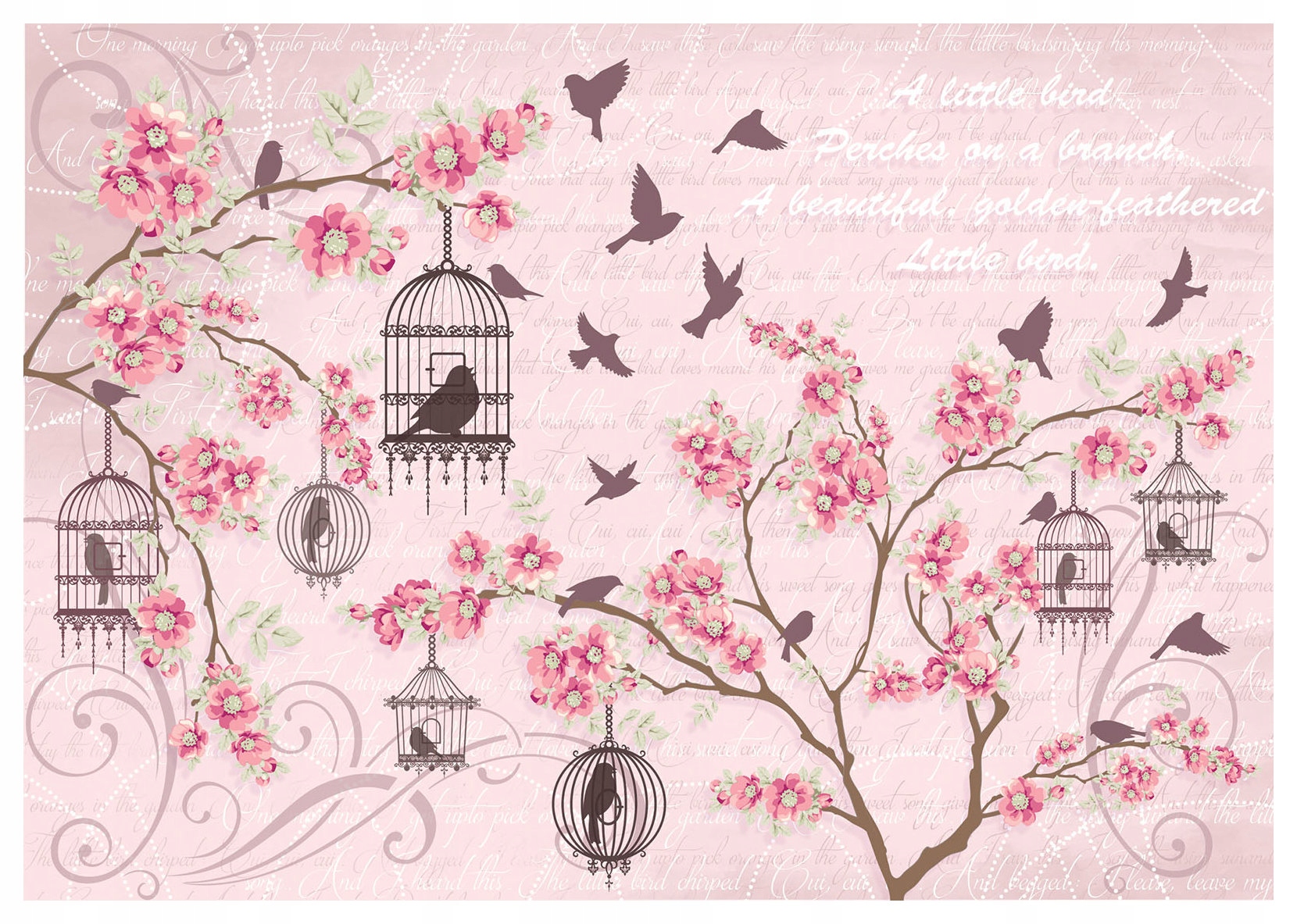 Fototapeta Květiny ptáci vinylová 368x254 Růžová béžová retro krémová lepidlo