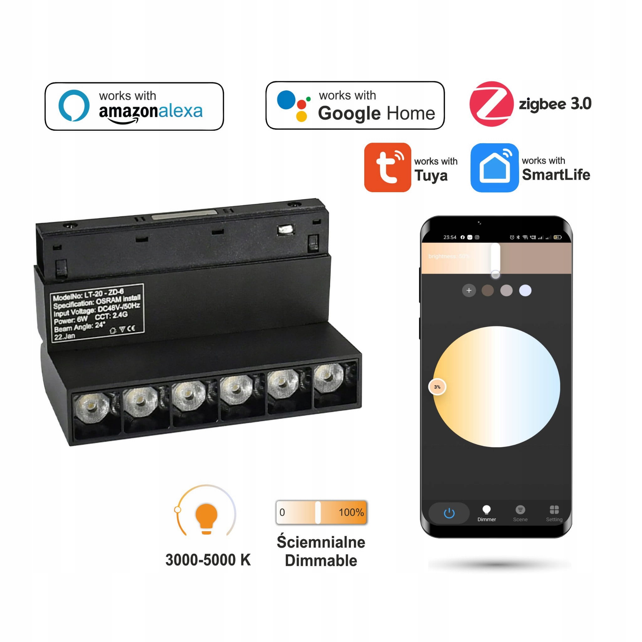 Nastaviteľný Led reflektor Zigbee Grille 6W pre Smart Track