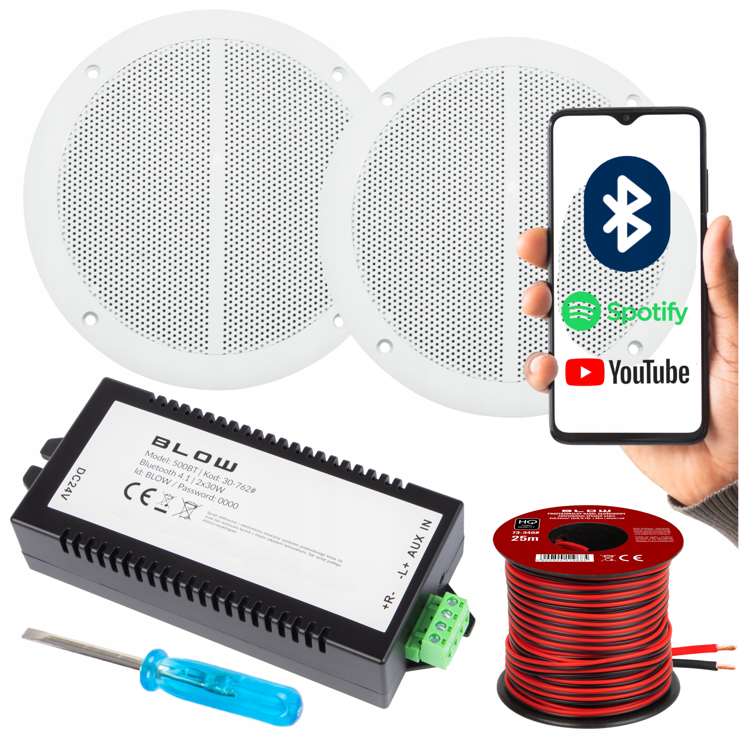 2x Dvoupásmový Stropní Reproduktor 5" 50W Pro Domácí Kancelář Bluetooth Kabel Set