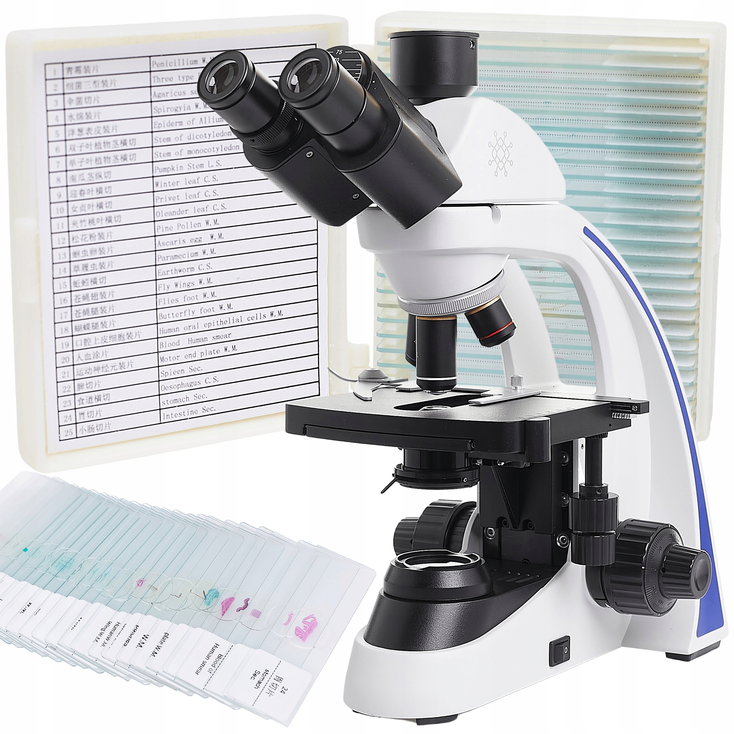 Biologický Mikroskop 1000x Trinokulární Stereoskopický Set 25 Ks Vzorků