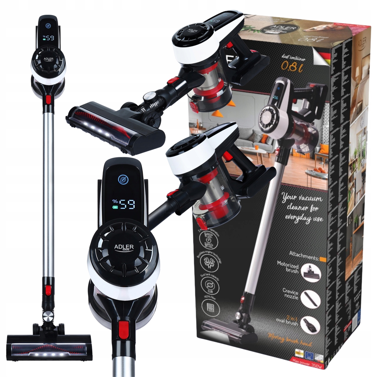 Odkurzacz pionowy Adler AD7048 czarny Moc 350 W LED Okazja Gwarancja