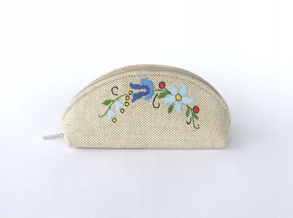 Malá Folková Kosmetická Taška S Výšivkou Kašubské Květiny Lněná Handmade