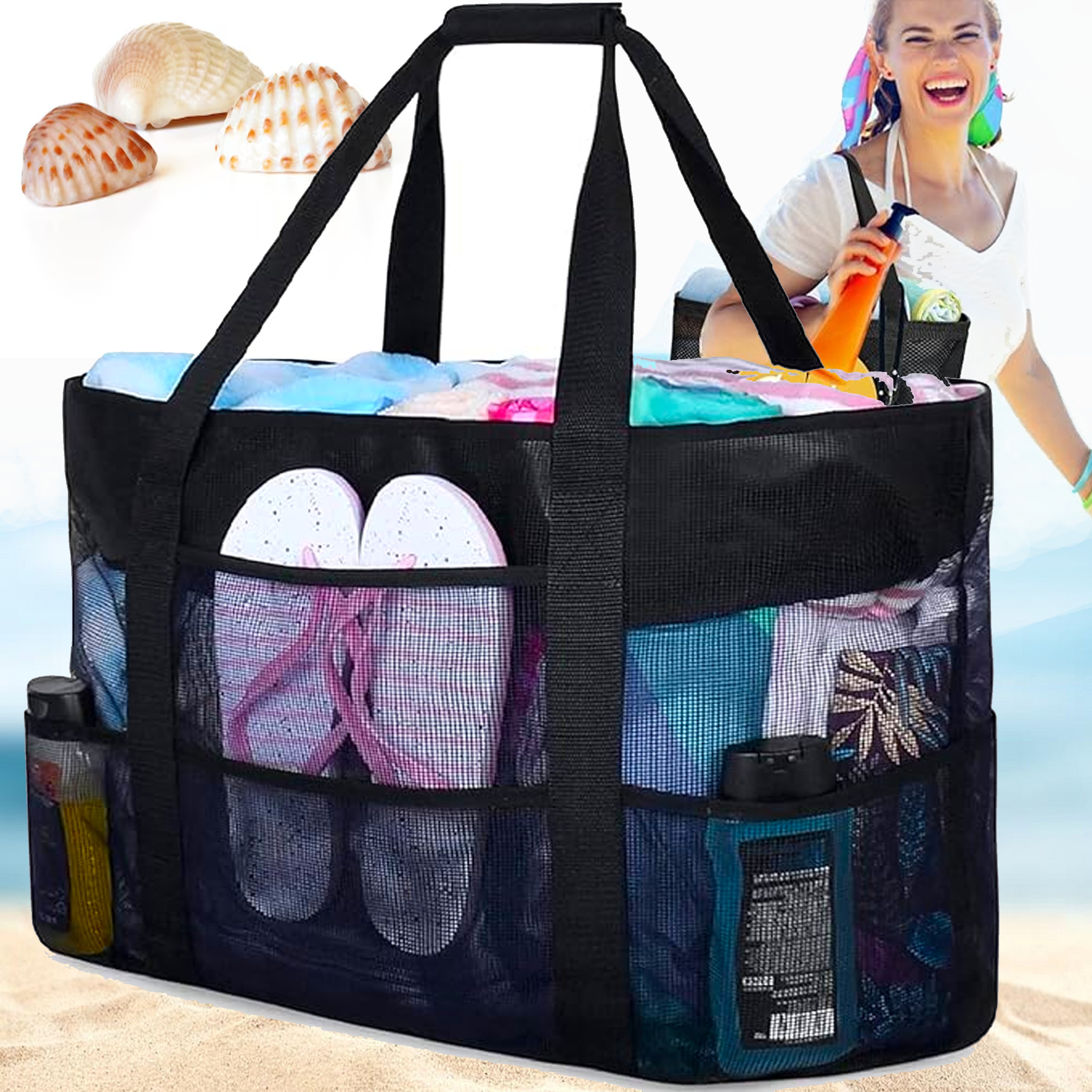 DUŻA TORBA PLAŻOWA NA PLAŻĘ BASEN RAMIĘ PRZEWIEWNA SKŁADANA SIATKA PIASEK