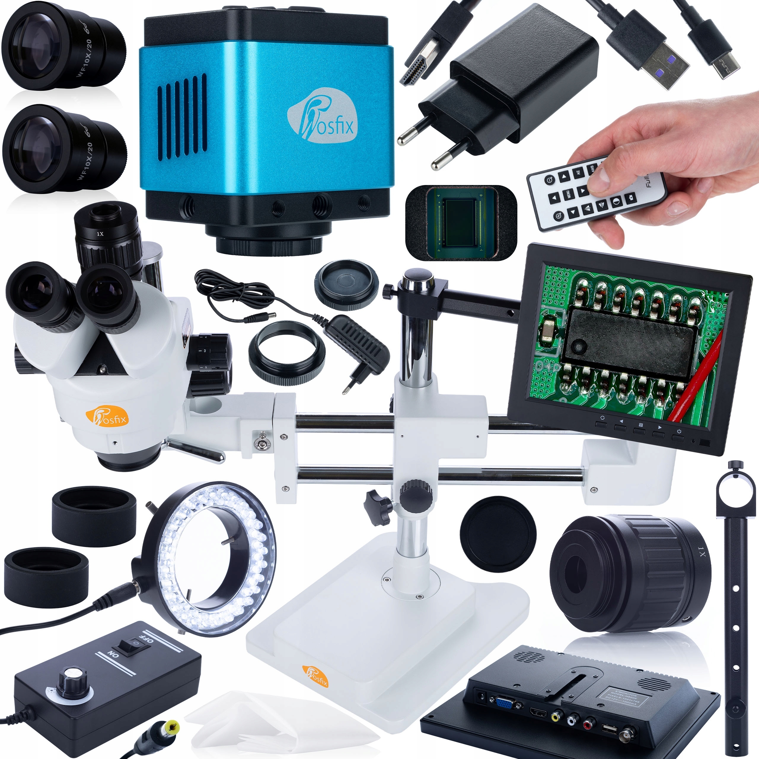 Sada Stereoskopického Mikroskopu Kamera Osvětlovač Displej 8“ Držák Hq