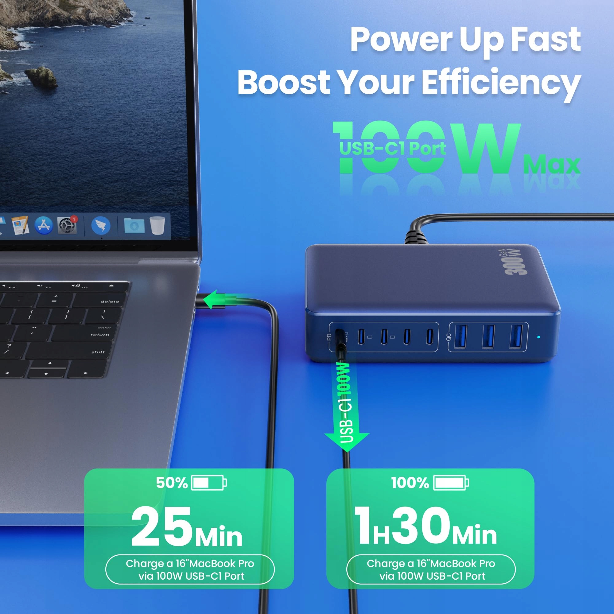 ŁADOWARKA USB C 300W 8 Portów Szybkie Ładowanie Do Laptopa iPhone — miniatura 6
