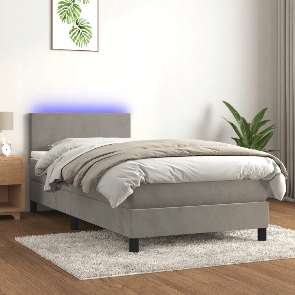 vidaXL Box spring postel s matrací a Led světle šedá 100x200 cm samet
