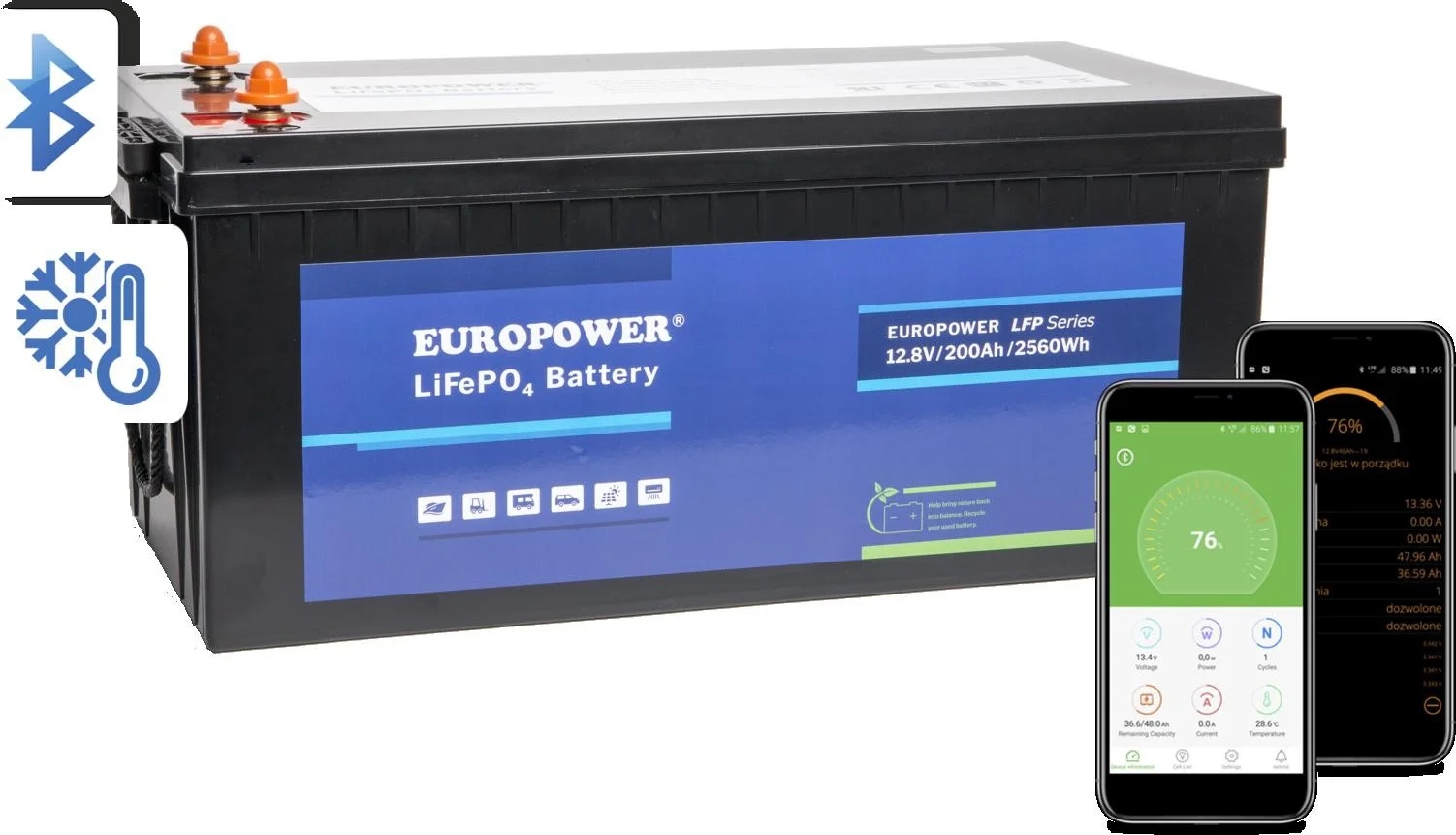 Akumulator LiFePO4 Europower serii Lfp 12,8V 200Ah Bluetooth, mata grzewcza