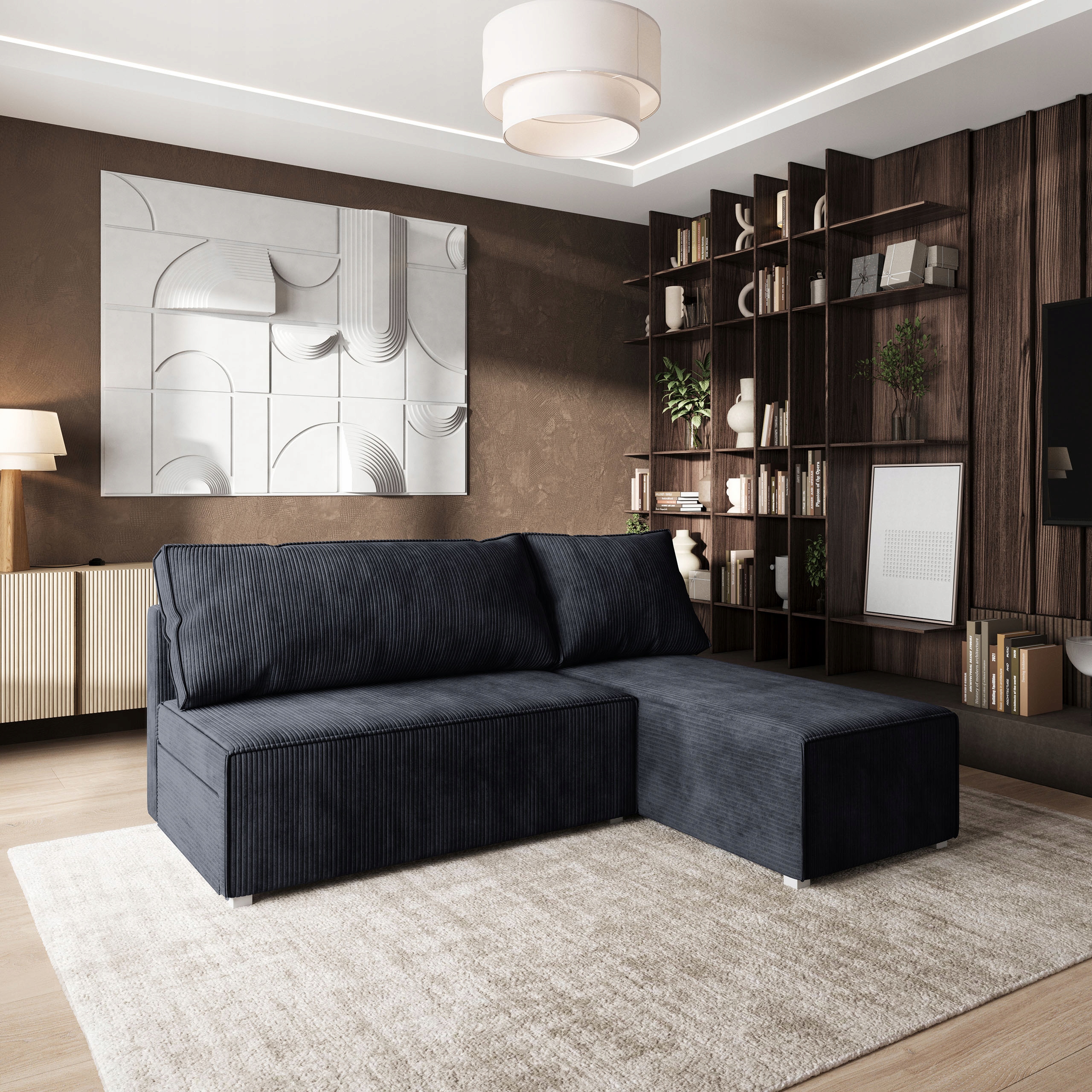 Rohová Sedací Souprava Briso Funkce Spaní Moderní manšestr Černá