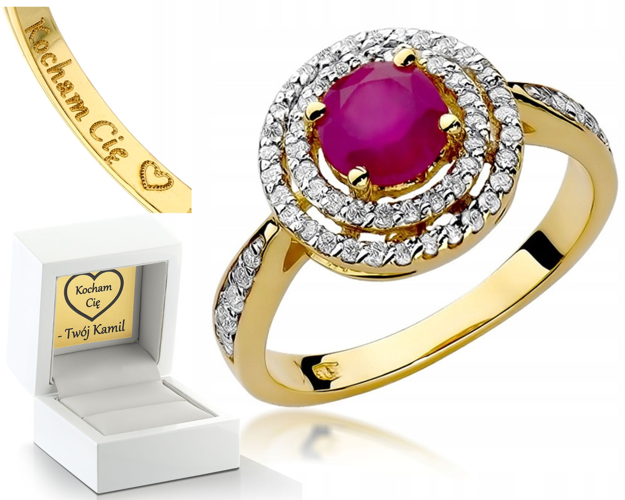 Zlatý Prstýnek Rubín Brilianty 0,38 Ct Gravírování