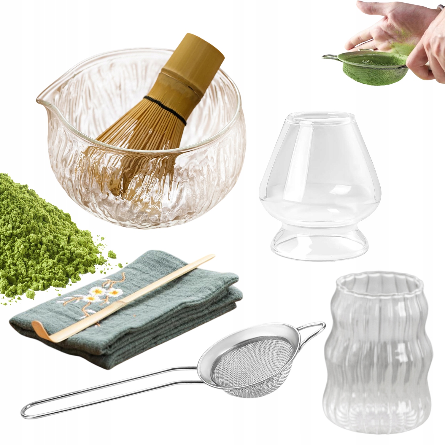 7 Ks Sada Na Čaj Matcha Se Skleněnou Miskou A Filtrem