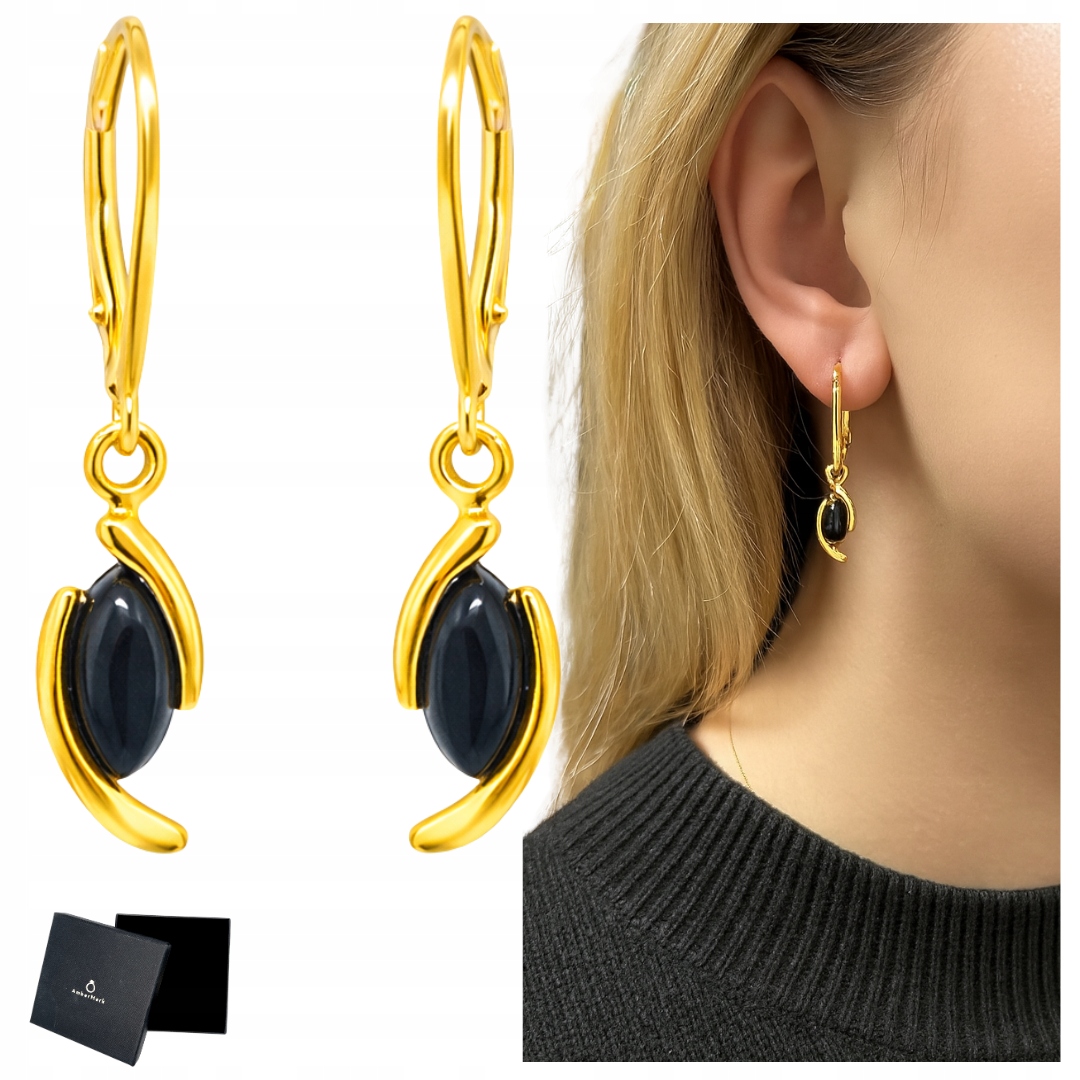 Náušnice stříbro pozlacené s černým onyxem, zapínání na anglický závěs