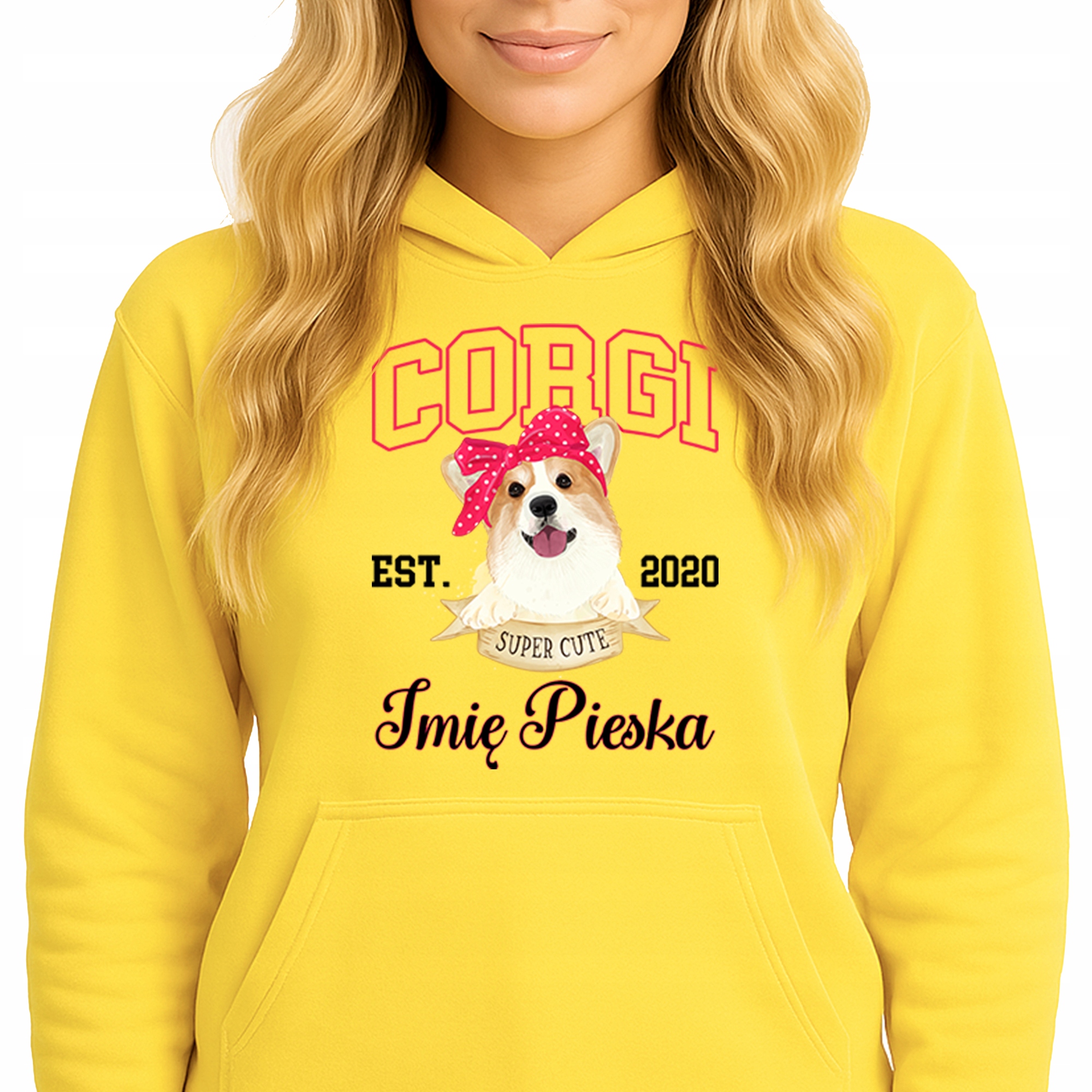 Mikina S Kapucí Žlutá bavlněná mikina Módní Youth Corgi Jméno Velikost S