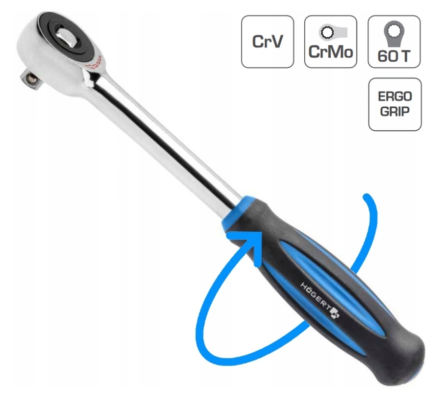 Grzechotka z obrotowa rękojeść 1/2″ 60zębów obrotowa rączka HT1R372