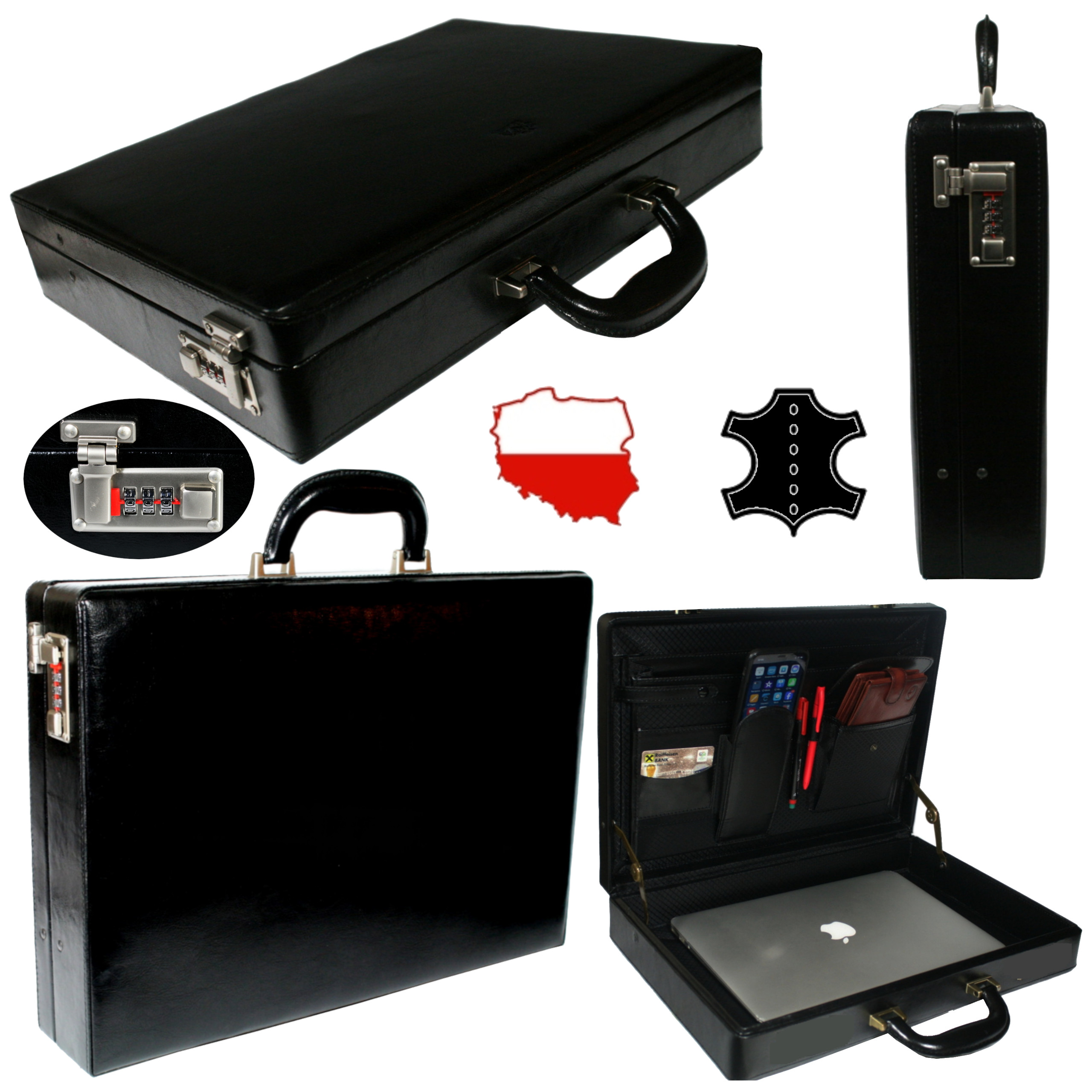 Neseser pánská kožená aktovka diplomatka černá velká A4 polská výroba