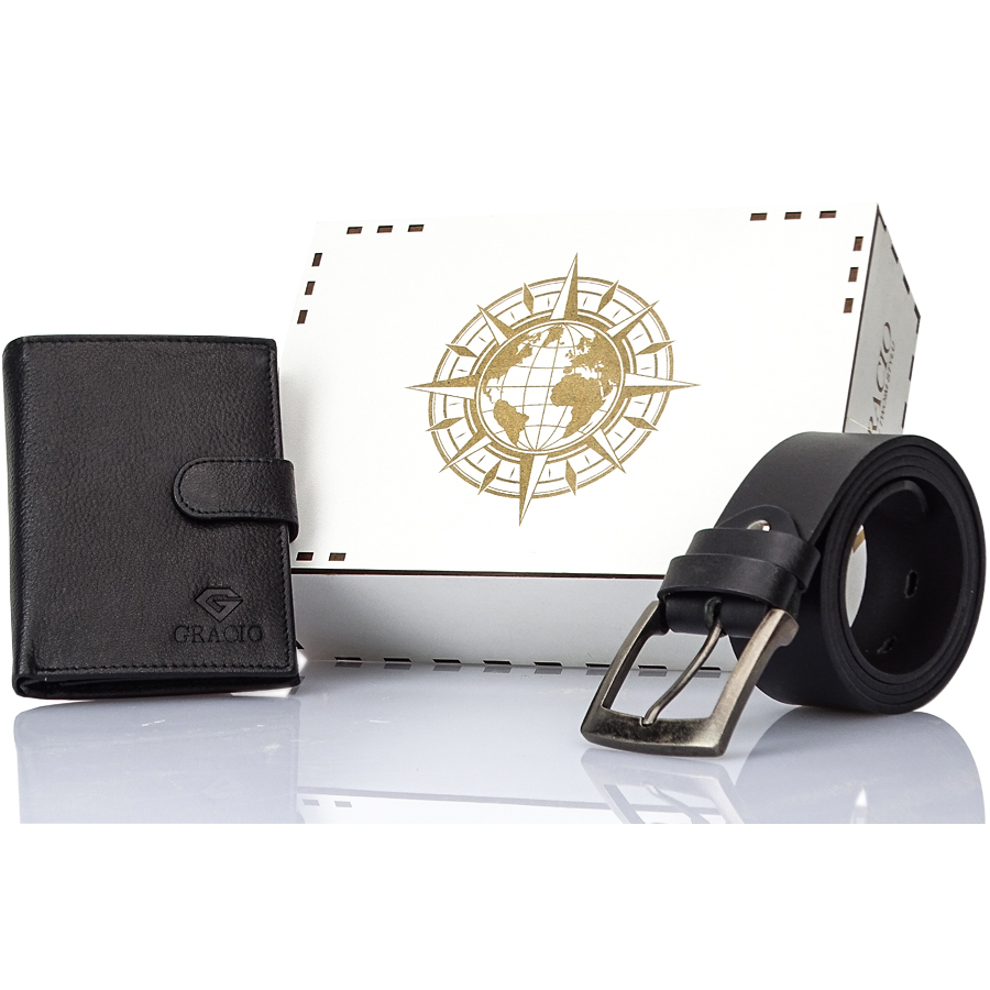 

Pasek+Portfel Czarny Skórzany Zestaw Box