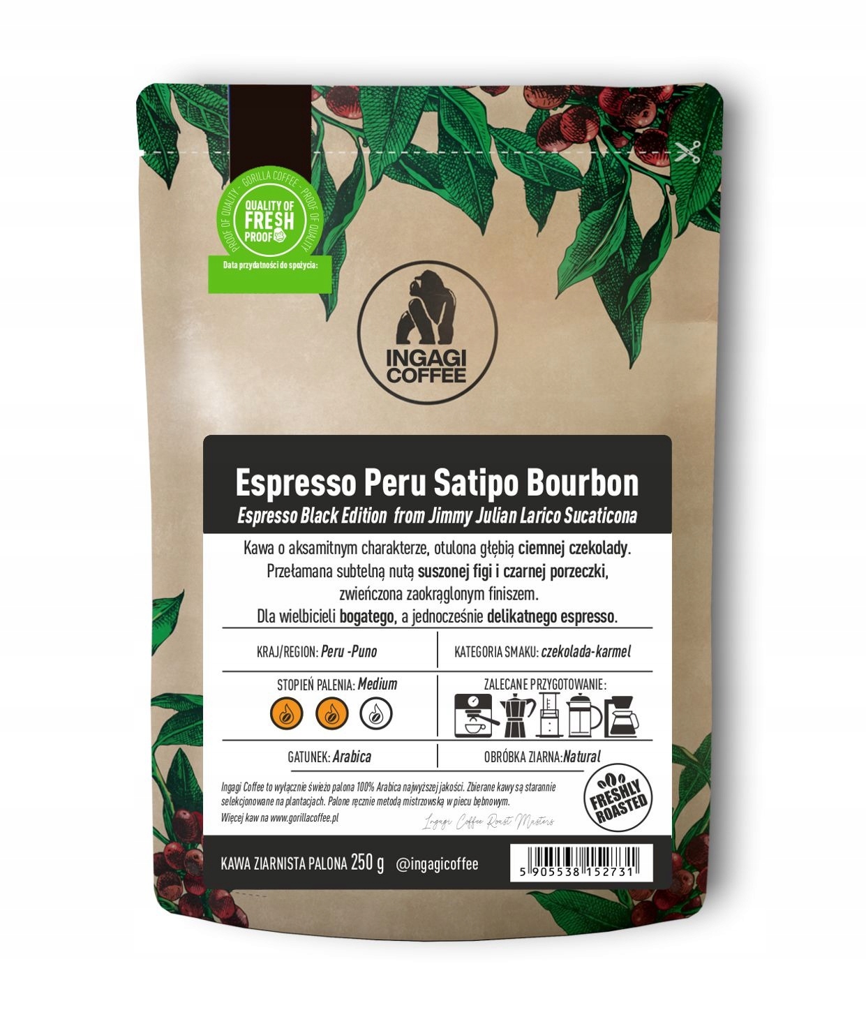 Levně Káva zrnková Peru premium arabika 1 kg Black Espresso Satipo Bourbon