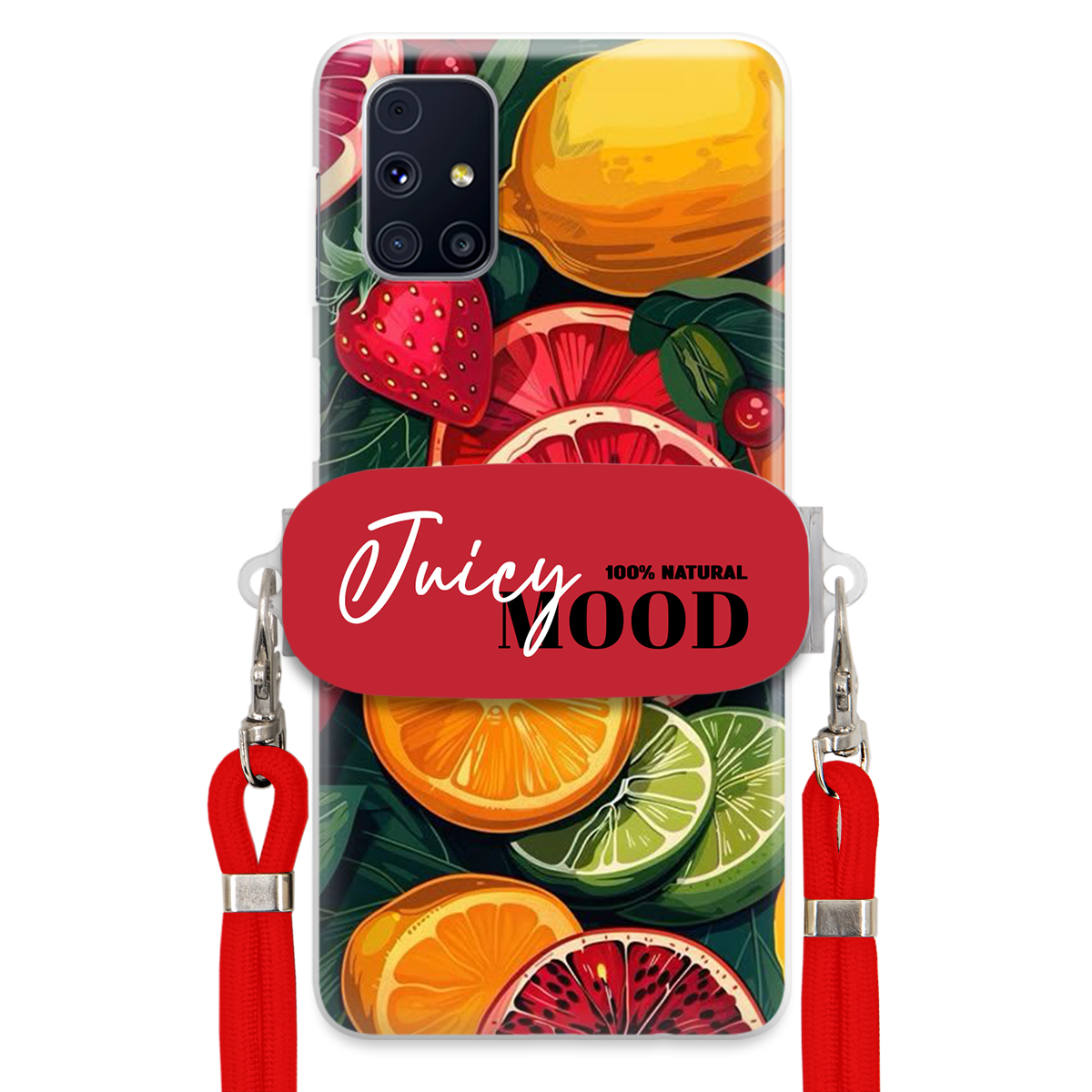 Puzdro pre Samsung M31s Červené Crossbody vodítko držiak Juice Mood Ovocie