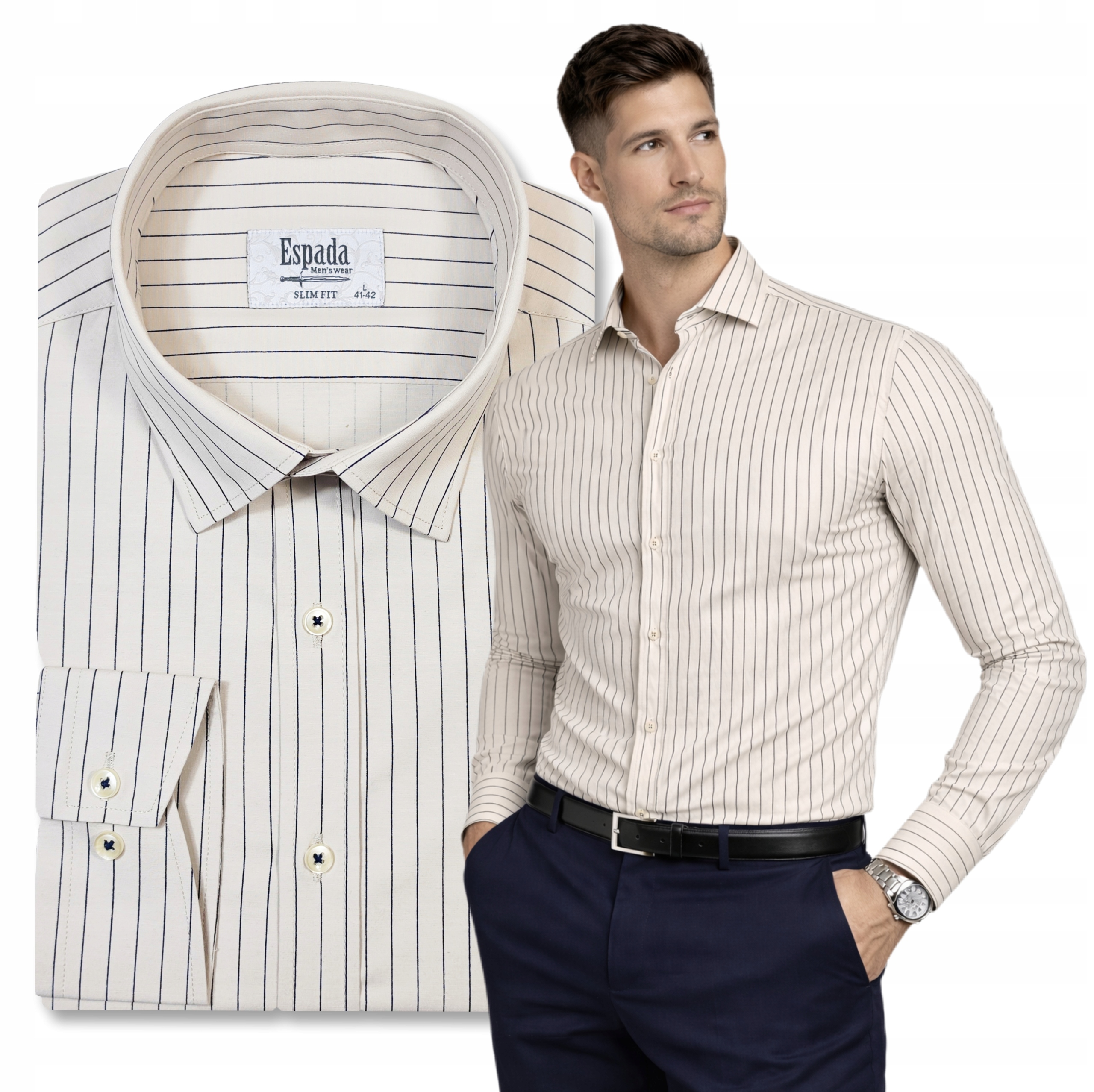 Koszula męska beżowa w paski w wąski prążek bawełnaiana Slim r. XL