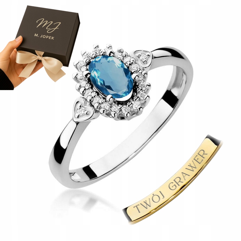 Prstýnek Bílé Zlato 585 S Topazem London Blue 0,50 ct S Diamanty Gravírování