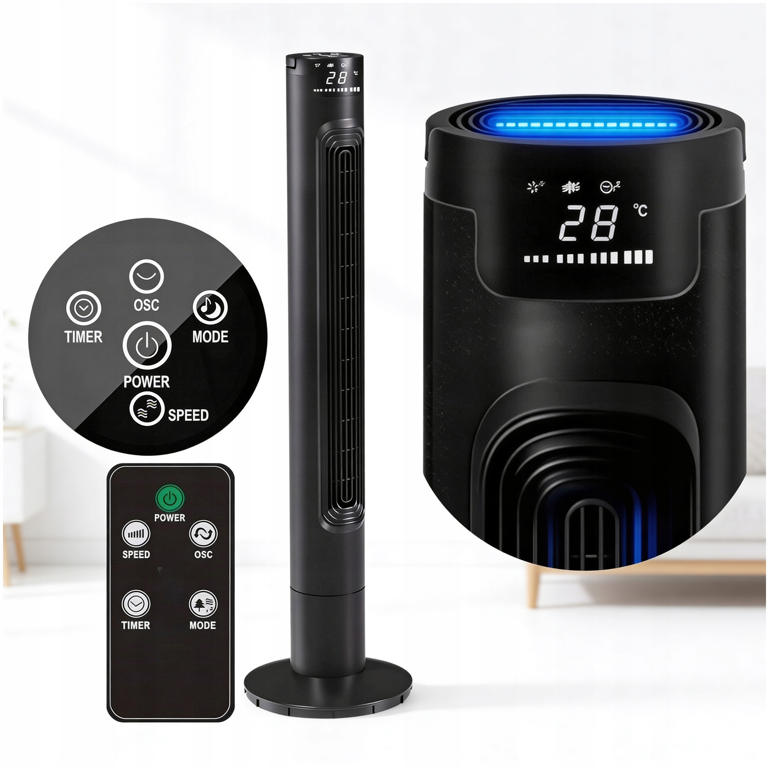 WENTYLATOR KOLUMNOWY STOJĄCY WIATRAK PODŁOGOWY CZARNY LED 3 TRYBY + PILOT