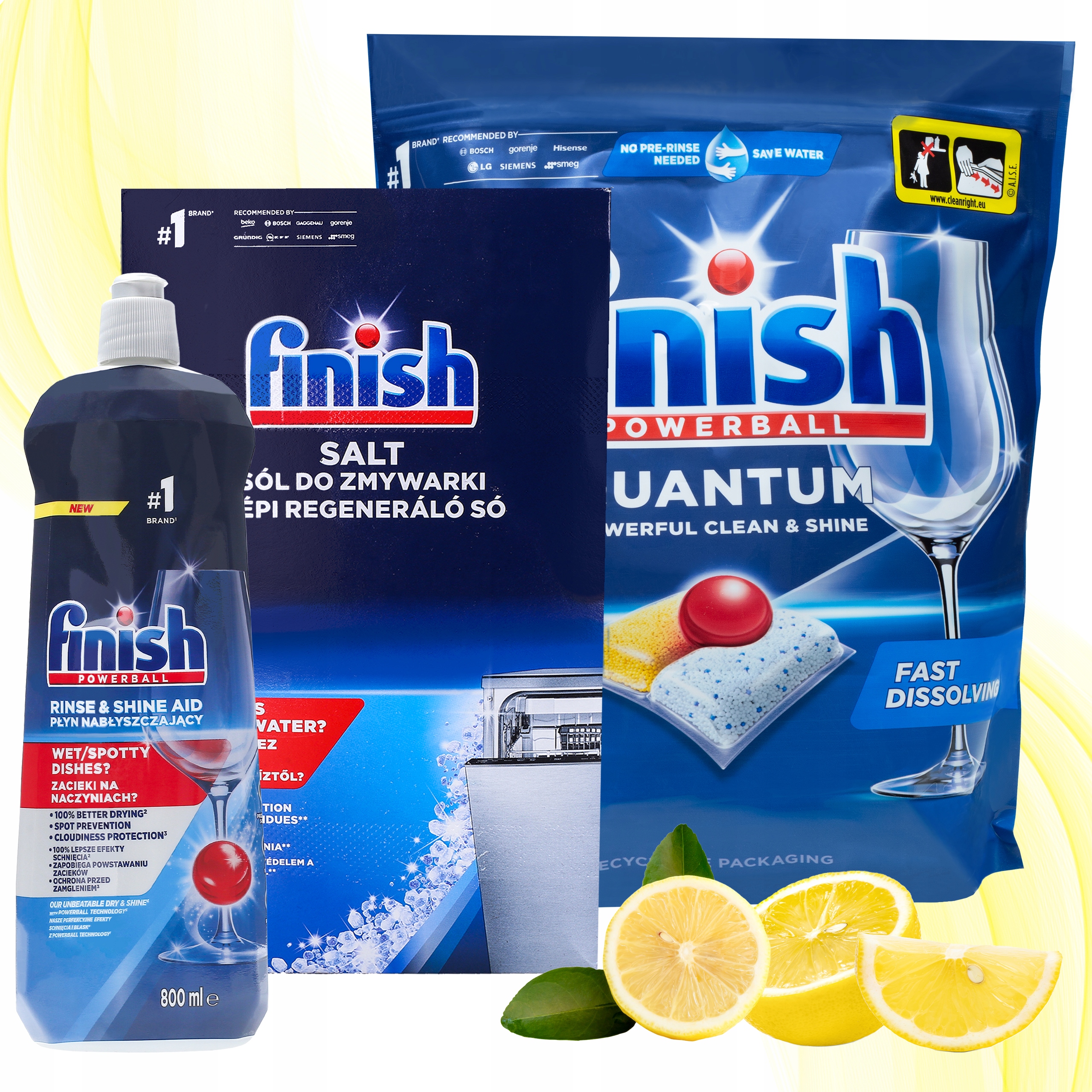 Levně Sada pro myčku nádobí Finish Kapsle Quantum 100 ks Sůl 1,5 Leštidlo 0,8 l