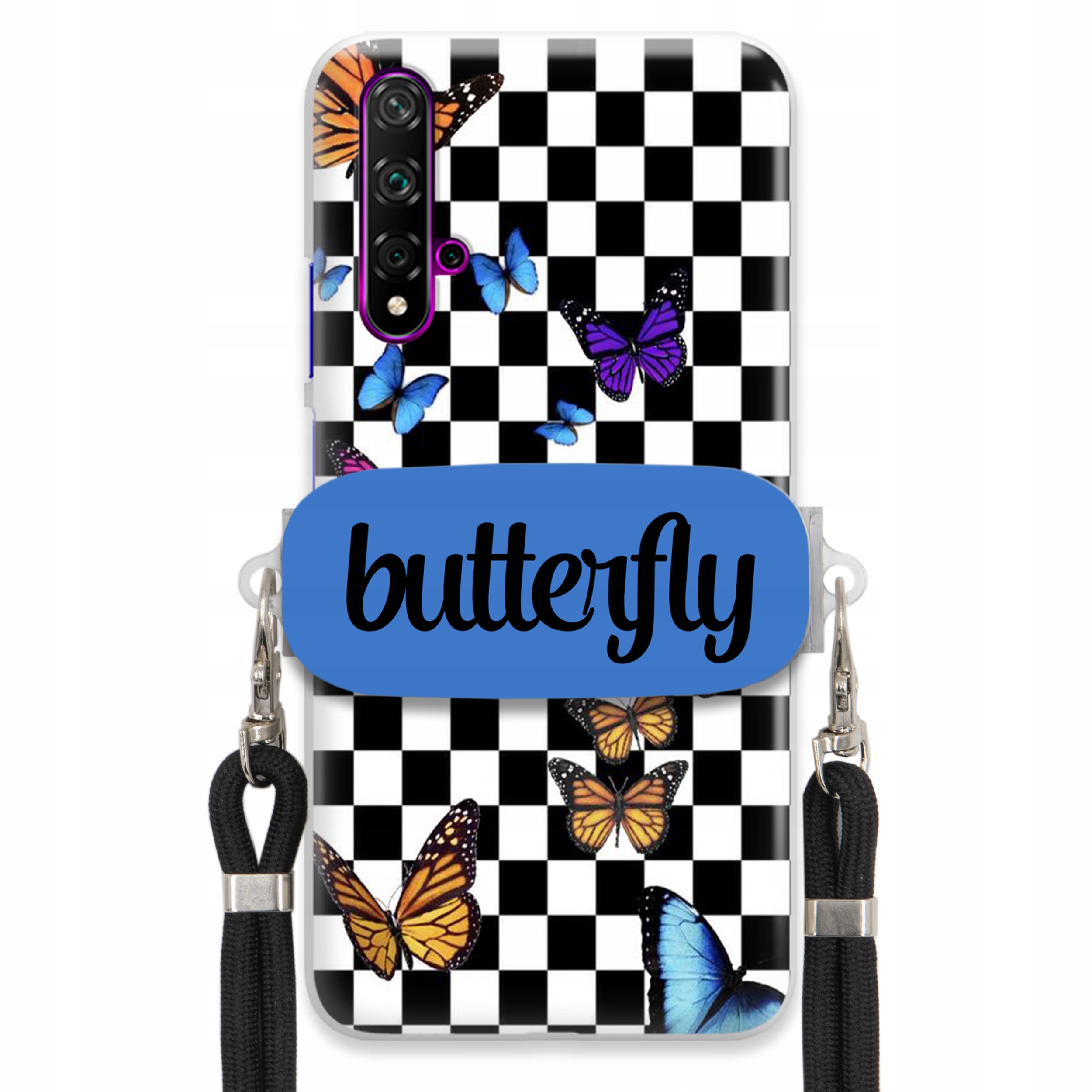 Pouzdro Pro Huawei Nova 5 Case Obdélníkový Úchyt Černé Vodítko Butterfly Motýli
